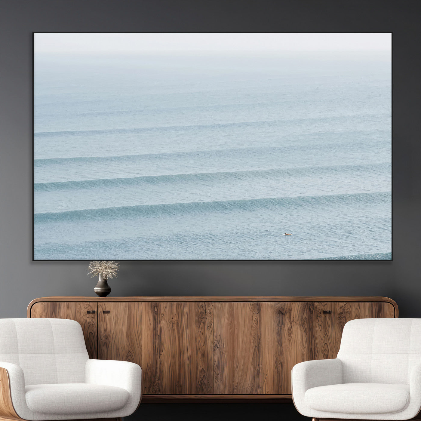 47814787-MGV-CV-36X24-Ocean Waves Wall Art Canvas Print, Framed Solo Surfer Art Picture Print, Wave Lines Perfect Minimalist Ocean Decor Artwork