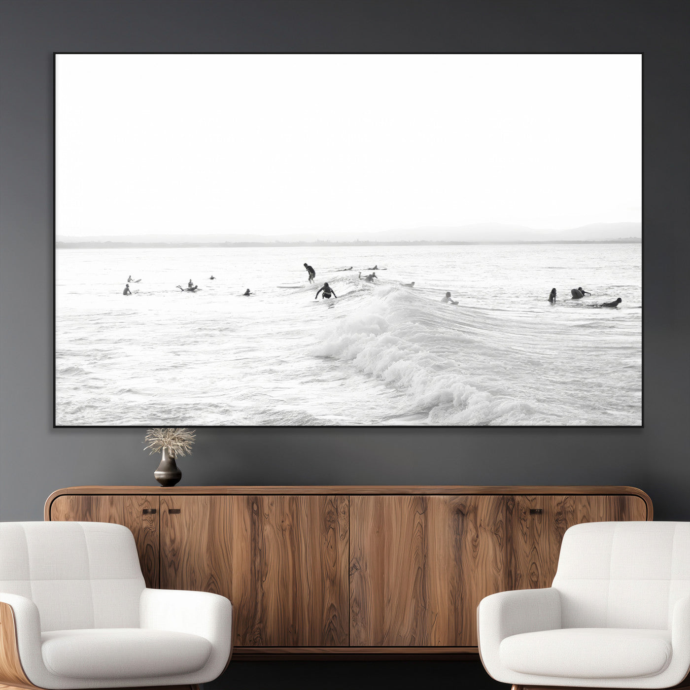 33449548-MGV-CV-36X24-Group Surfers Wall Art Canvas Print, Framed Ocean Wave Art Picture Print, Surf Crowd Perfect Monochrome Surf Decor Artwork
