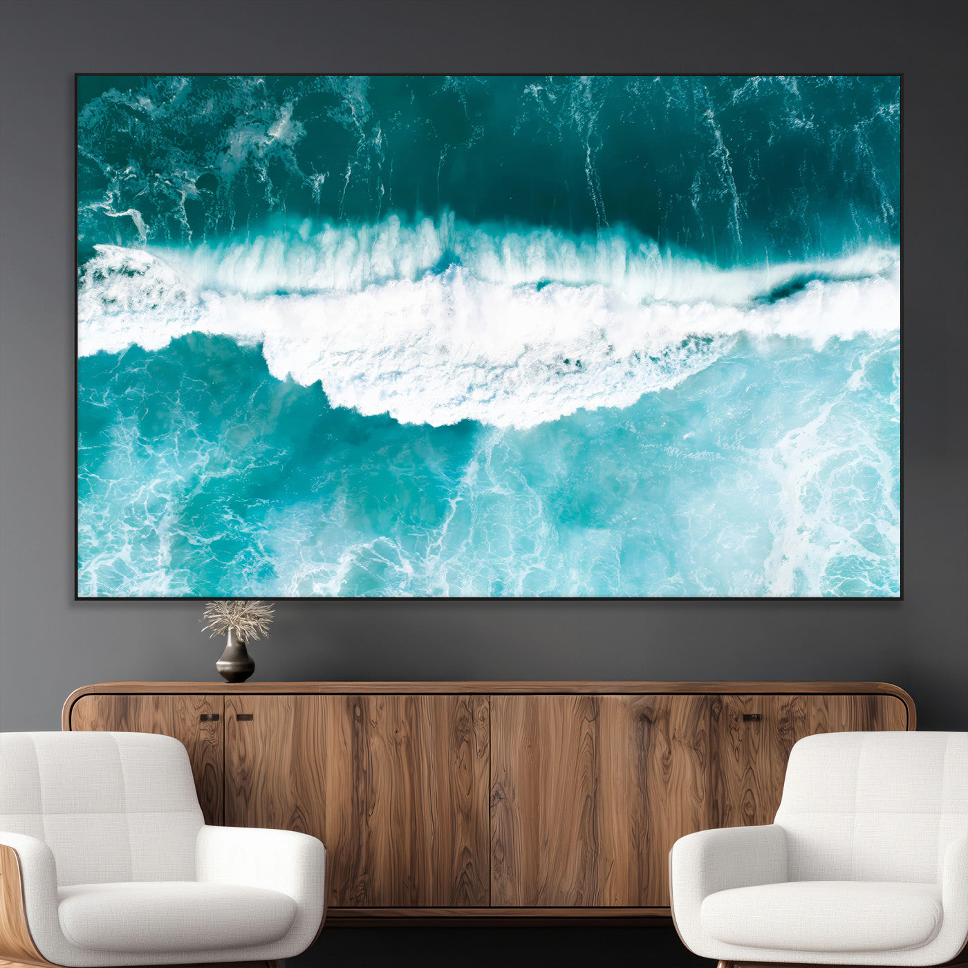 23828594-MGV-CV-36X24-Aerial Waves Wall Art Canvas Print, Framed Ocean Break Art Picture Print, Sea Foam Perfect Tropical Coastal Decor Artwork