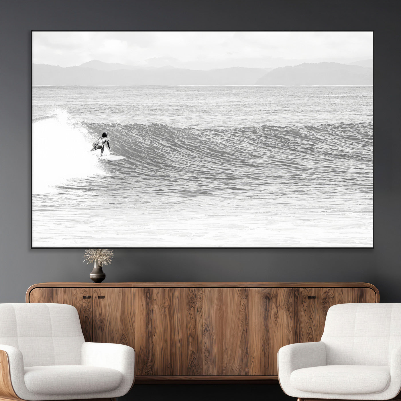 81535128-MGV-CV-36X24-Surfer Woman Wall Art Canvas Print, Framed Black Ocean Art Picture Print, Ocean Surfing Perfect Monochrome Coastal Decor Artwork
