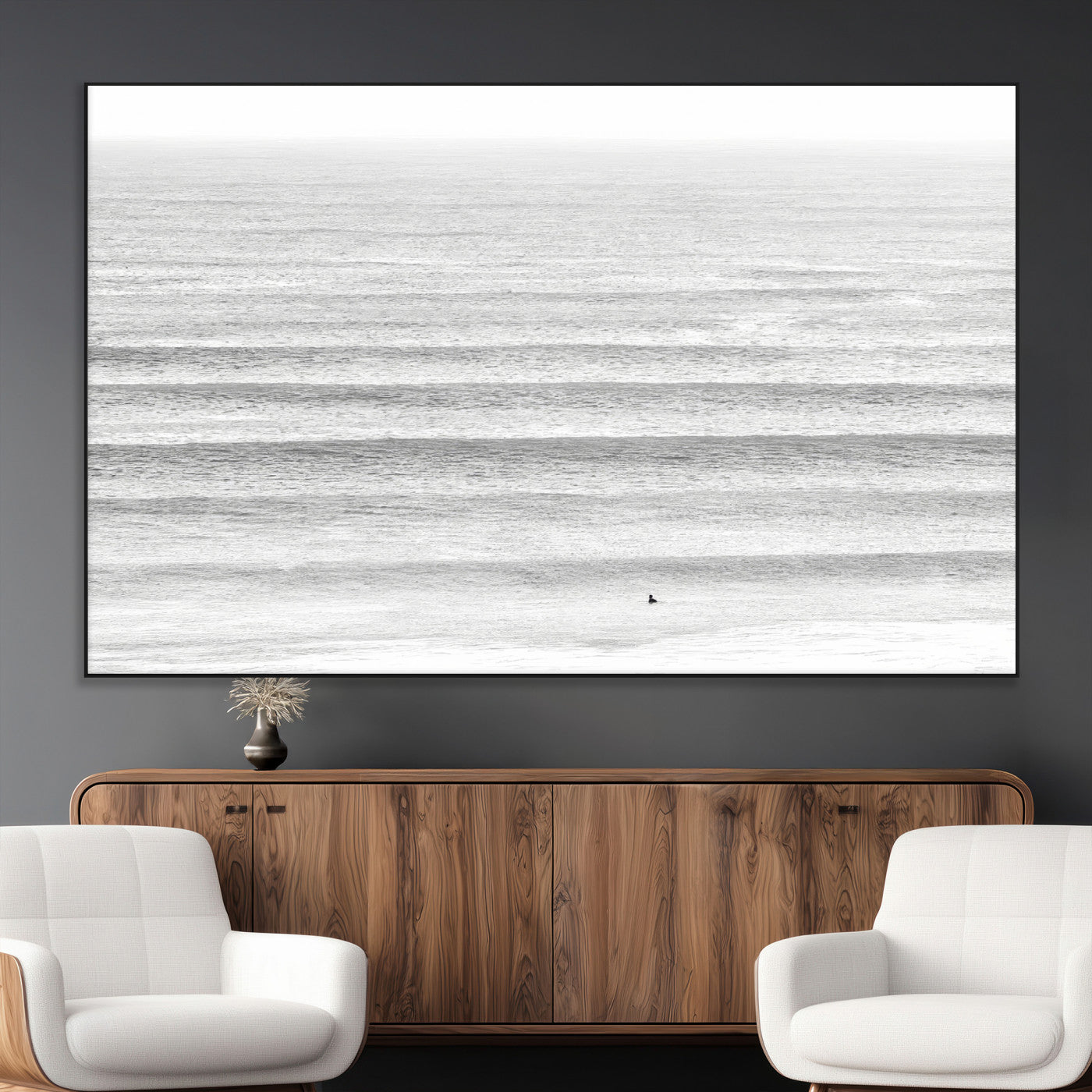 66534476-MGV-CV-36X24-Lone Surfer Wall Art Canvas Print, Framed Ocean Waves Art Picture Print, Minimal Sea Perfect Minimal Coastal Decor Artwork