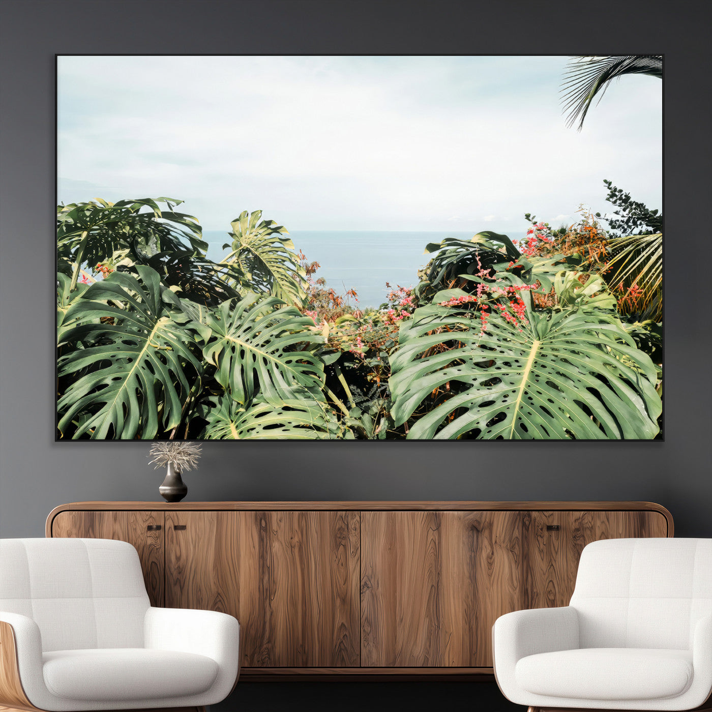 45700479-MGV-CV-36X24-Monstera Leaves Wall Art Canvas Print, Framed Tropical Ocean Art Picture Print, Tropical Foliage Perfect Tropical Coastal Jungle