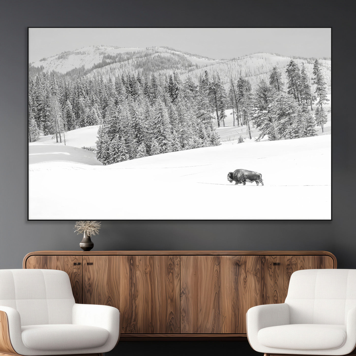 68081143-MGV-CV-36X24-Snowy Bison Wall Art Canvas Print, Framed Winter Forest Art Picture Print, Lone Bison Perfect Monochrome Winter Wild Decor Artwork