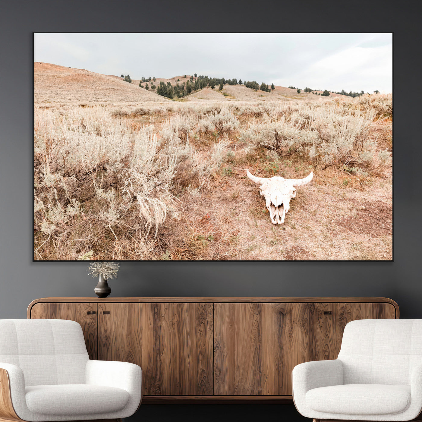 97234735-MGV-CV-36X24-Rustic Bones Wall Art Canvas Print, Framed Desert Sage Art Picture Print, Prairie Skull Perfect Minimal Rustic Decor Artwork