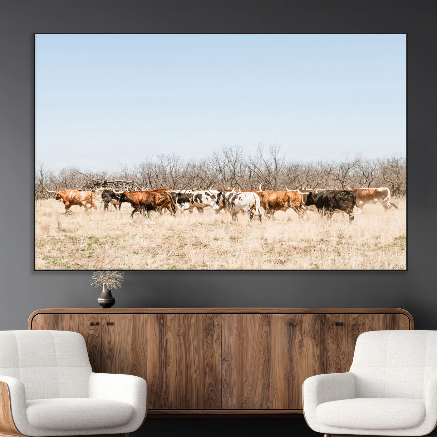 16563092-MGV-CV-36X24-Texas Longhorns Wall Art Canvas Print, Framed Western Cattles Art Picture Print, Rustic Herd Perfect Rustic Farmhouse Decor