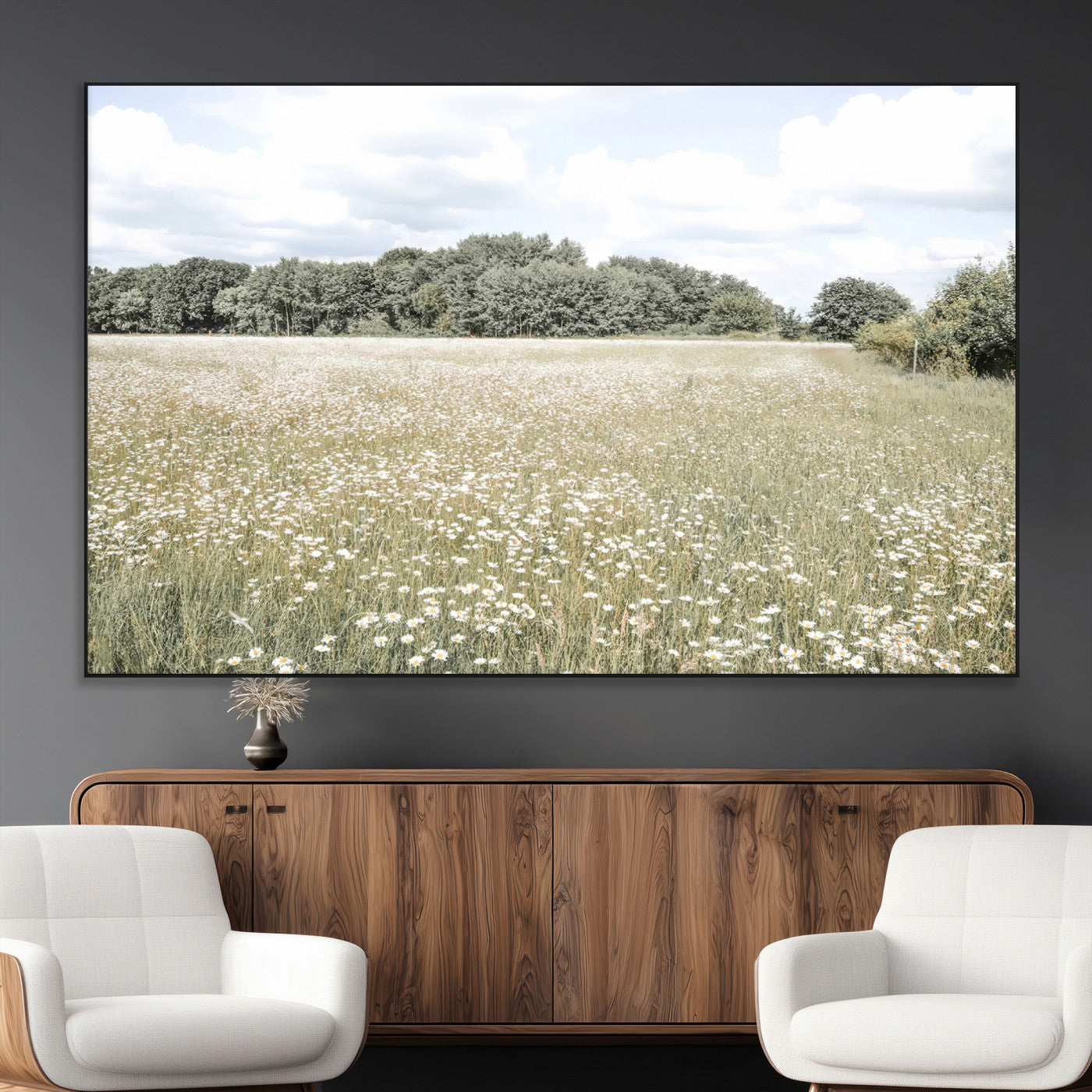 43258946-MGV-CV-36X24-Daisy Field Wall Art Canvas Print, Framed Pastel Flower Art Picture Print, Meadow Bloom Perfect Scandinavian Minimalist Decor