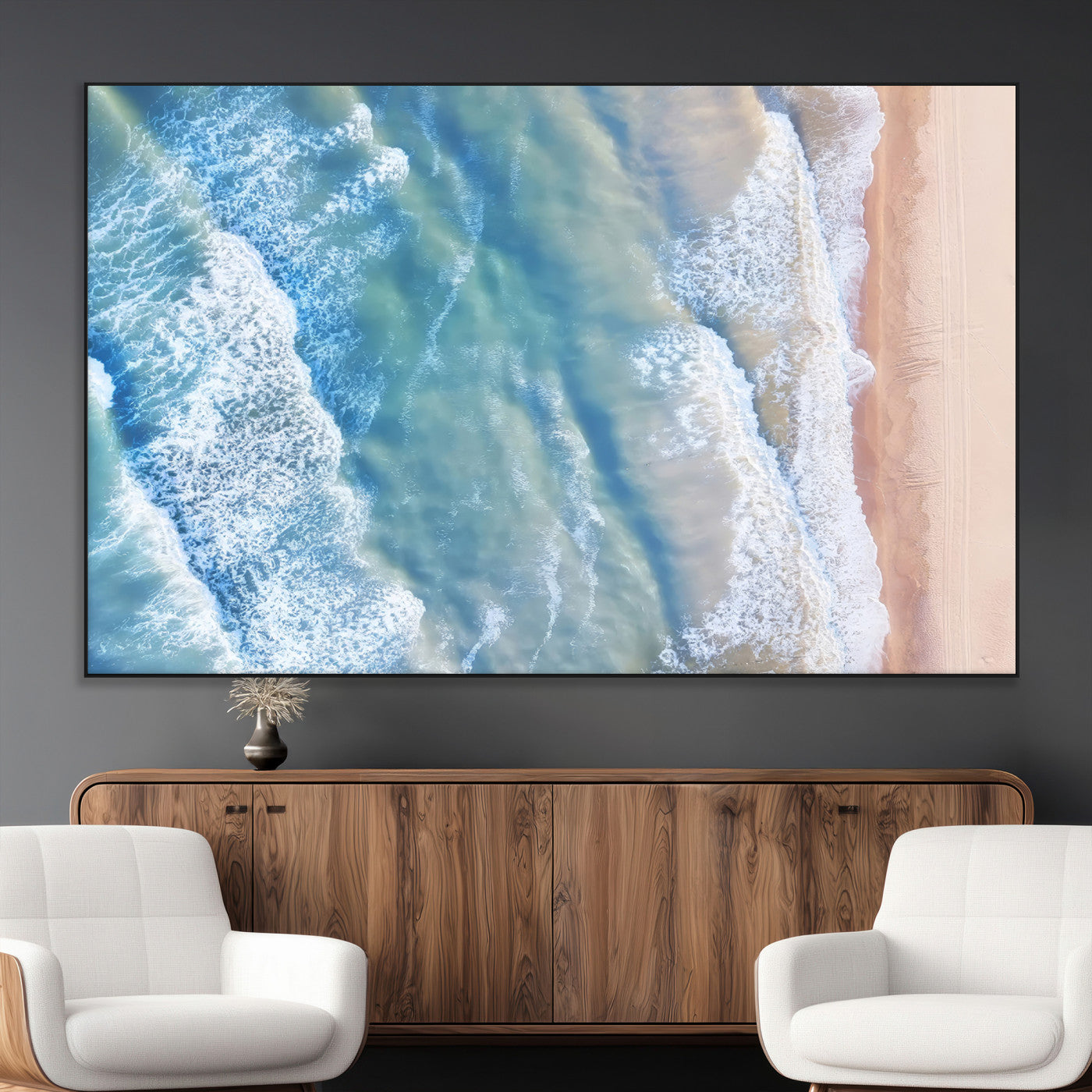 17641845-MGV-CV-36X24-Aerial Ocean Wall Art Canvas Print, Framed Blue Waves Art Picture Print, Sandy Shoreline Perfect Modern Coastal Decor Artwork