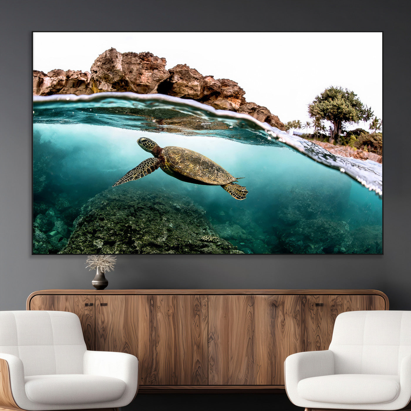 44200301-MGV-CV-36X24-Sea Turtle Swim Wall Art Canvas Print, Framed Ocean Life Art Picture Print, Tropical Shoreline Perfect Tropical Coastal Decor