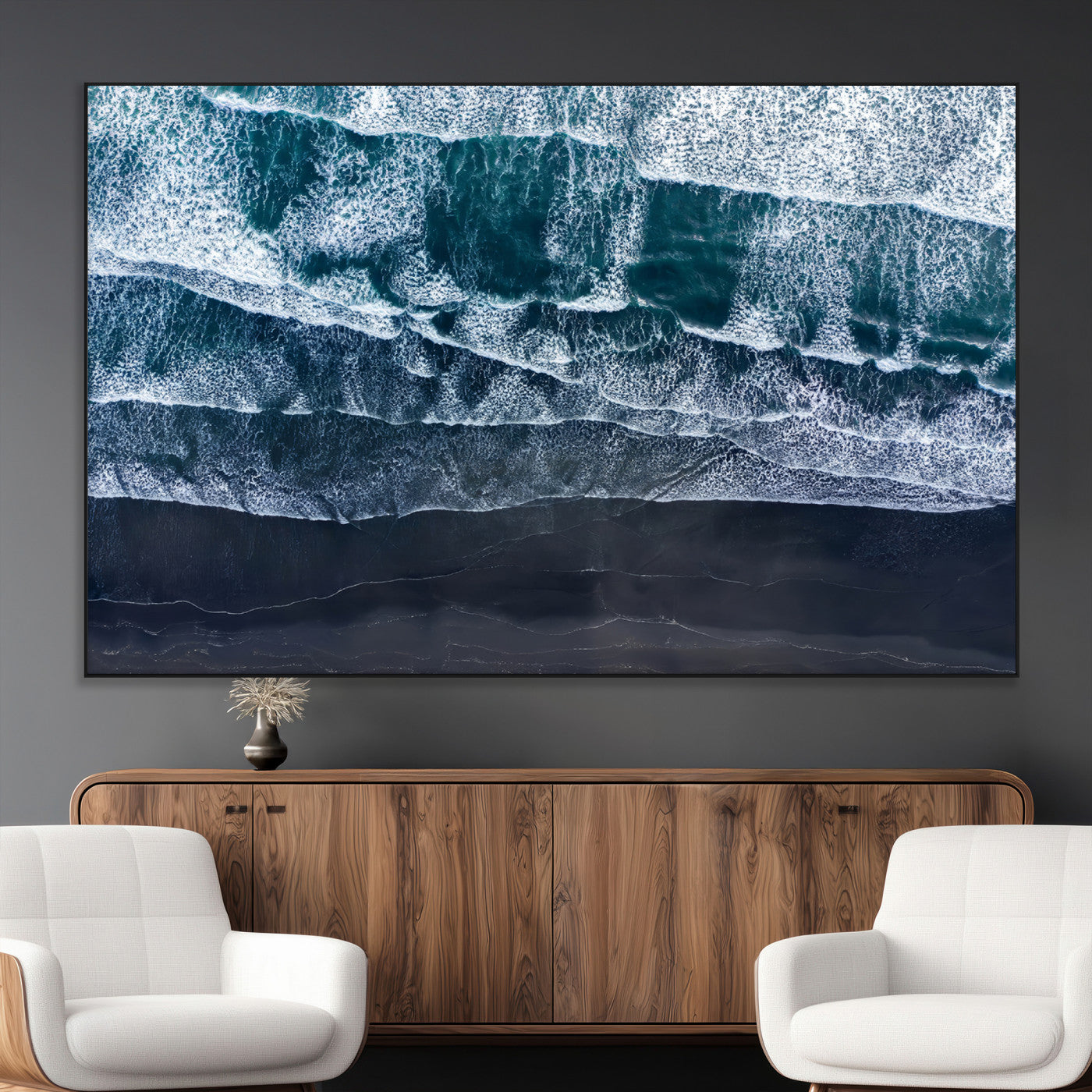 87941475-MGV-CV-36X24-Black Beach Wall Art Canvas Print, Framed Aerial Ocean Art Picture Print, Moody Coastal Perfect Modern Coastal Decor Artwork
