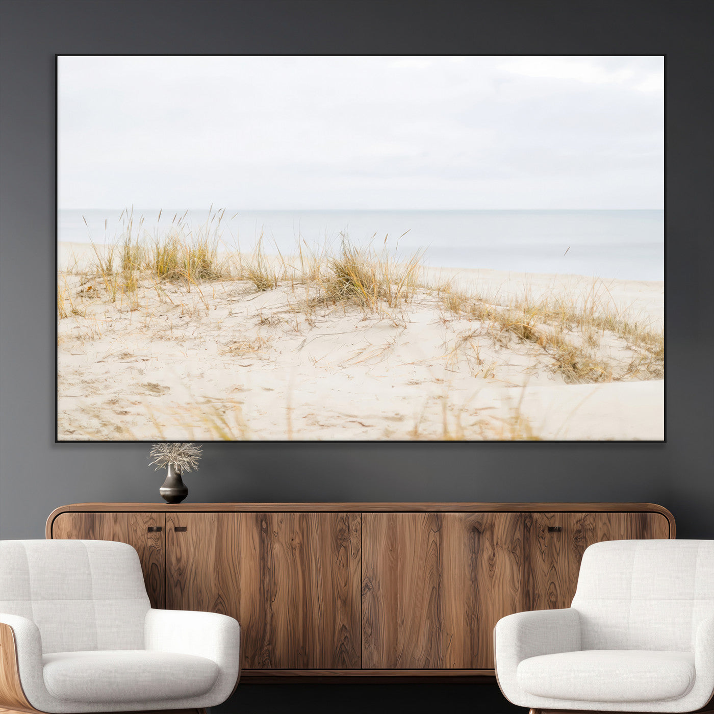 13146857-MGV-CV-36X24-Beach Dunes Wall Art Canvas Print, Framed Soft Horizon Art Picture Print, Coastal Grass Perfect Minimalist Coastal Decor Artwork