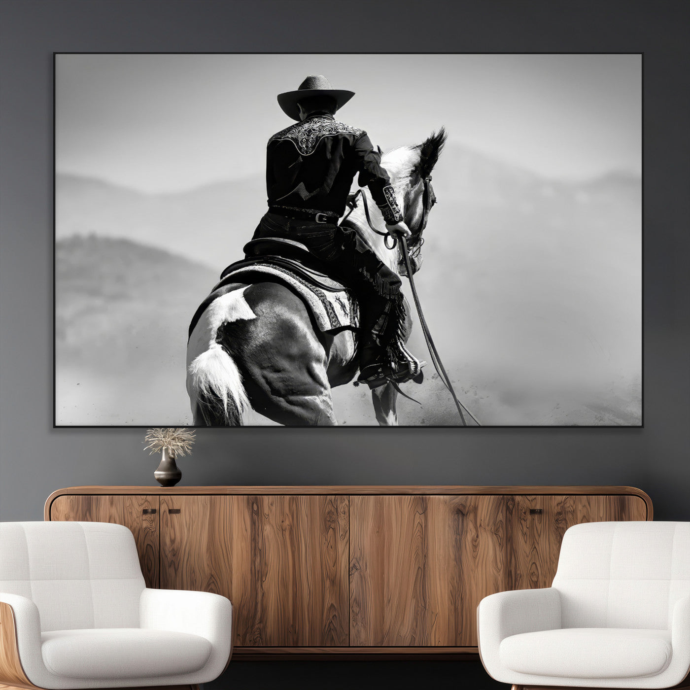 83102464-MGV-CV-36X24-Western Cowboy Wall Art Canvas Print, Framed Monochrome Horse Art Picture Print, Western Equestrian Perfect Rustic Western Decor