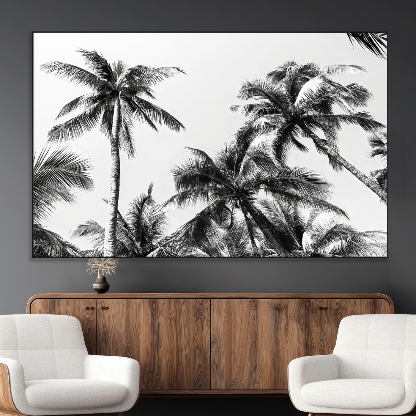 46641801-MGV-CV-36X24-Palm Tree Wall Art Canvas Print, Framed Black White Tropics Art Picture Print, Monochrome Palms Perfect Modern Tropical Minimalist