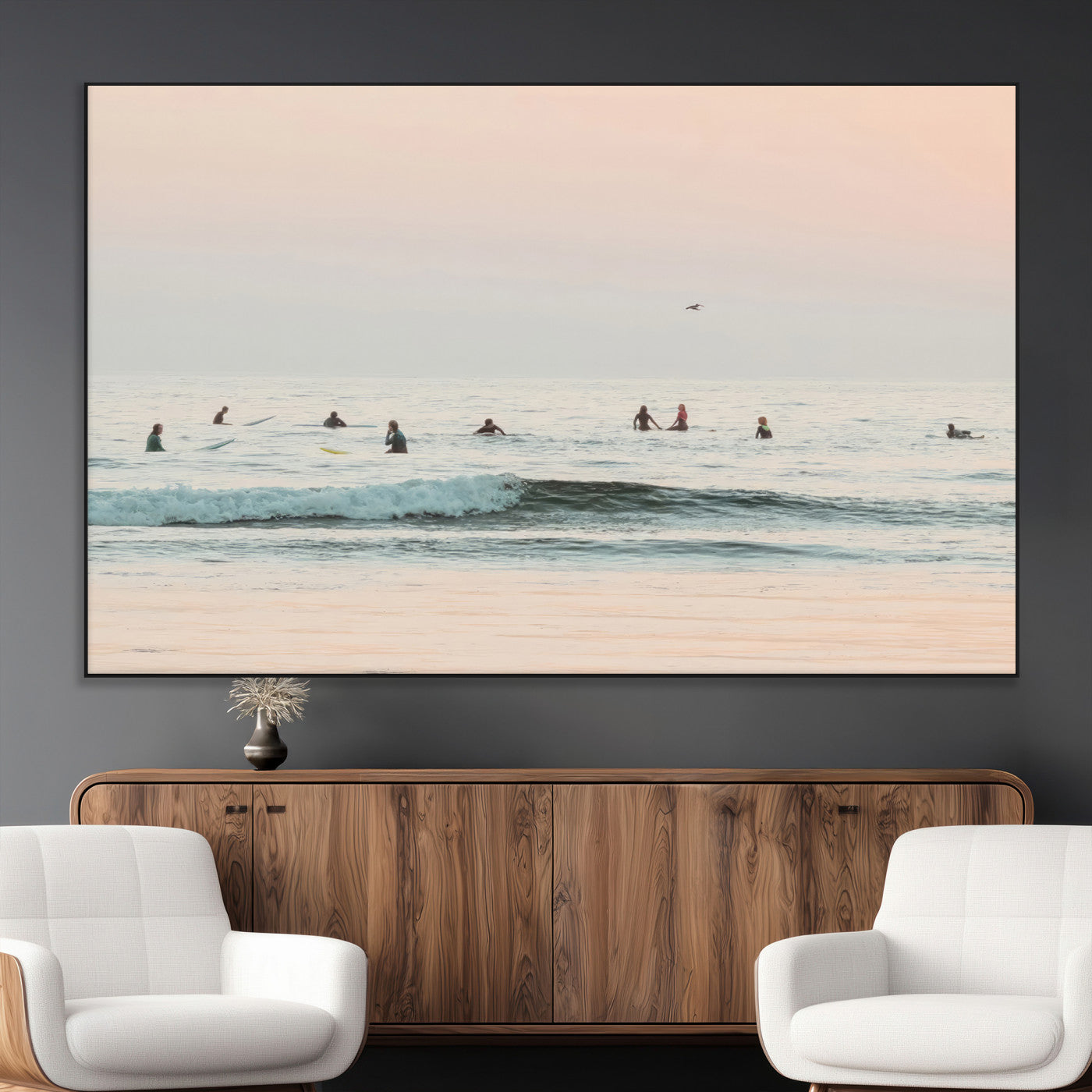 98888919-MGV-CV-36X24-Pastel Ocean Wall Art Canvas Print, Framed Soft Sunset Swimming Art Picture Print, Calm Sea Horizon Perfect Soft Coastal