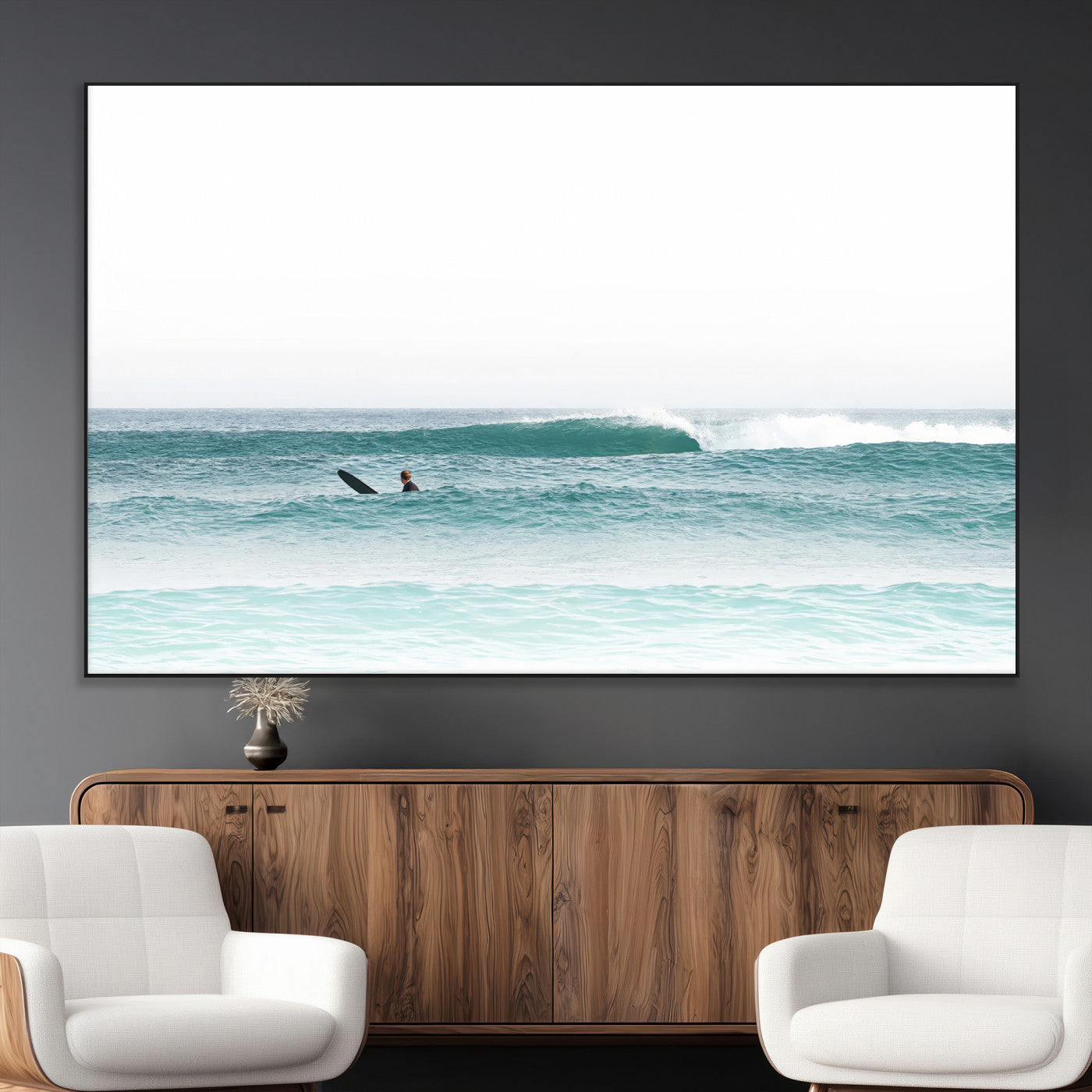 56345117-MGV-CV-36X24-Minimalist Surfing Wall Art Canvas Print, Framed Ocean Waves Art Picture Print, Soft Ocean Perfect Minimalist Coastal Decor