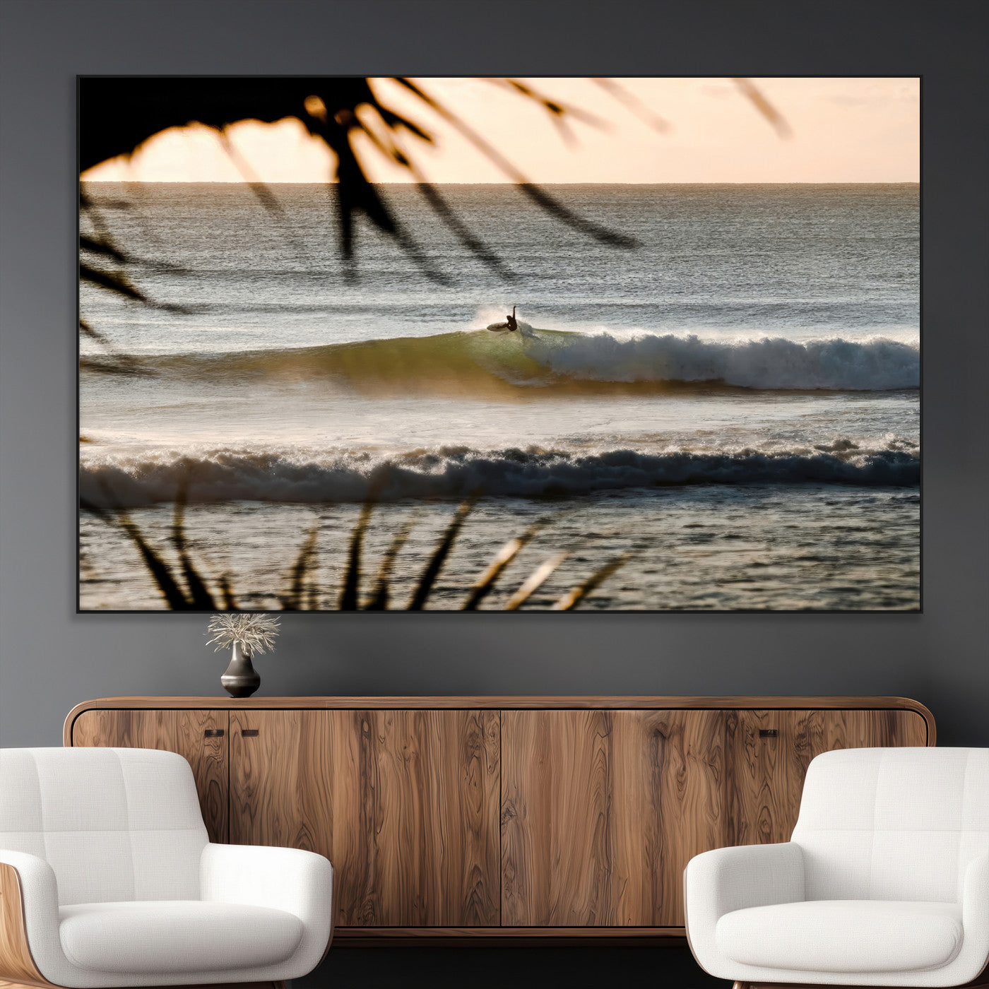 24896468-MGV-CV-36X24-Sunset Surf Wall Art Canvas Print, Framed Golden Waves Art Picture Print, Tropical Ocean Perfect Tropical Boho Decor Artwork