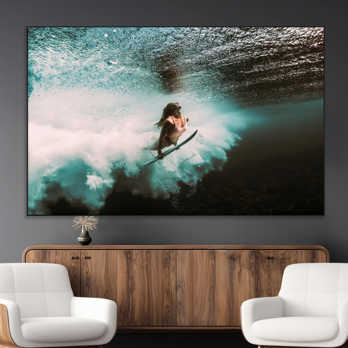 85923512-MGV-CV-36X24-Aquatic Motion Wall Art Canvas Print, Framed Underwater Swimming Art Picture Print, Female Surfer Diving Perfect Coastal Boho