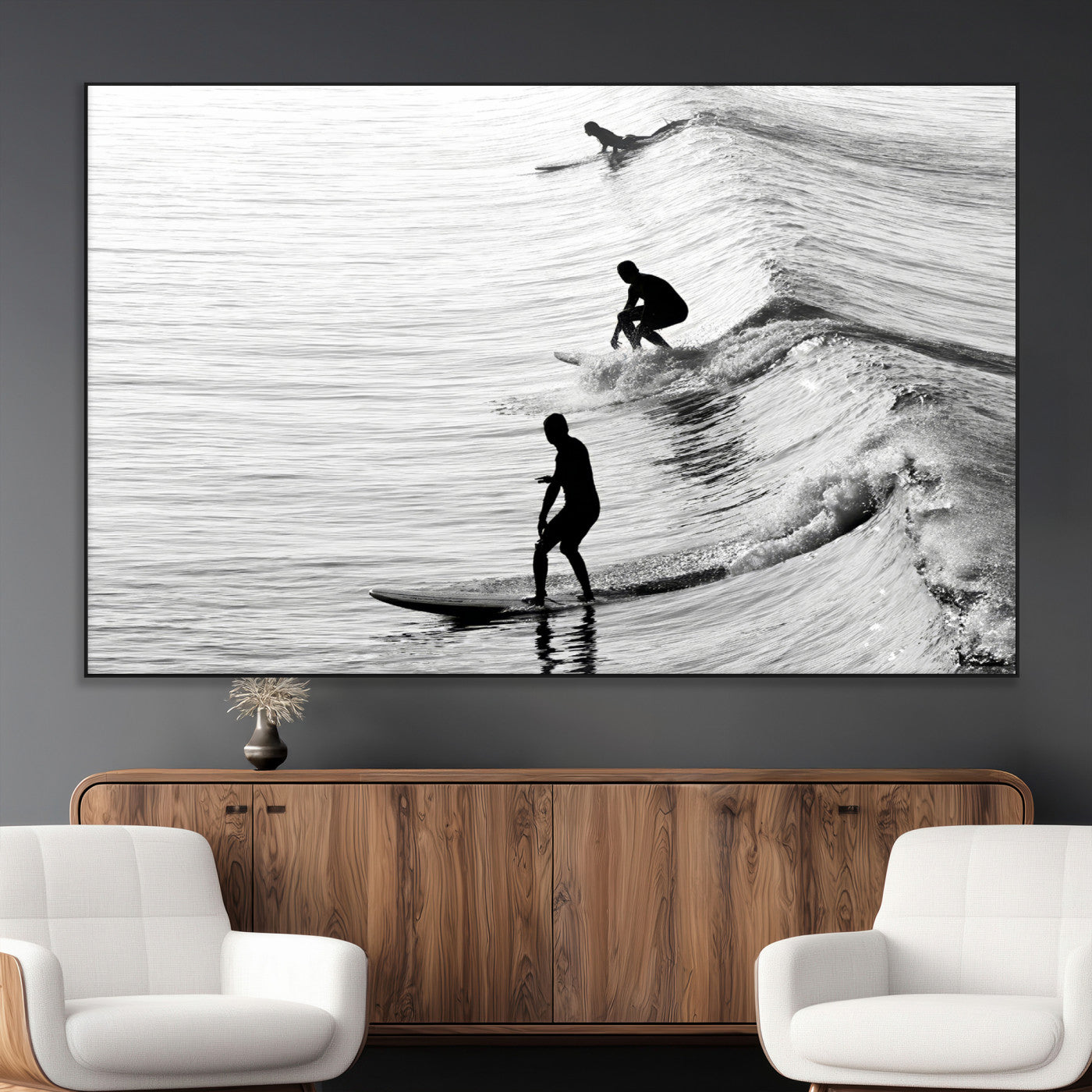19875284-MGV-CV-36X24-Surfer Waves Wall Art Canvas Print, Framed Black White Surf Art Picture Print, Monochrome Ocean Perfect Modern Coastal Decor