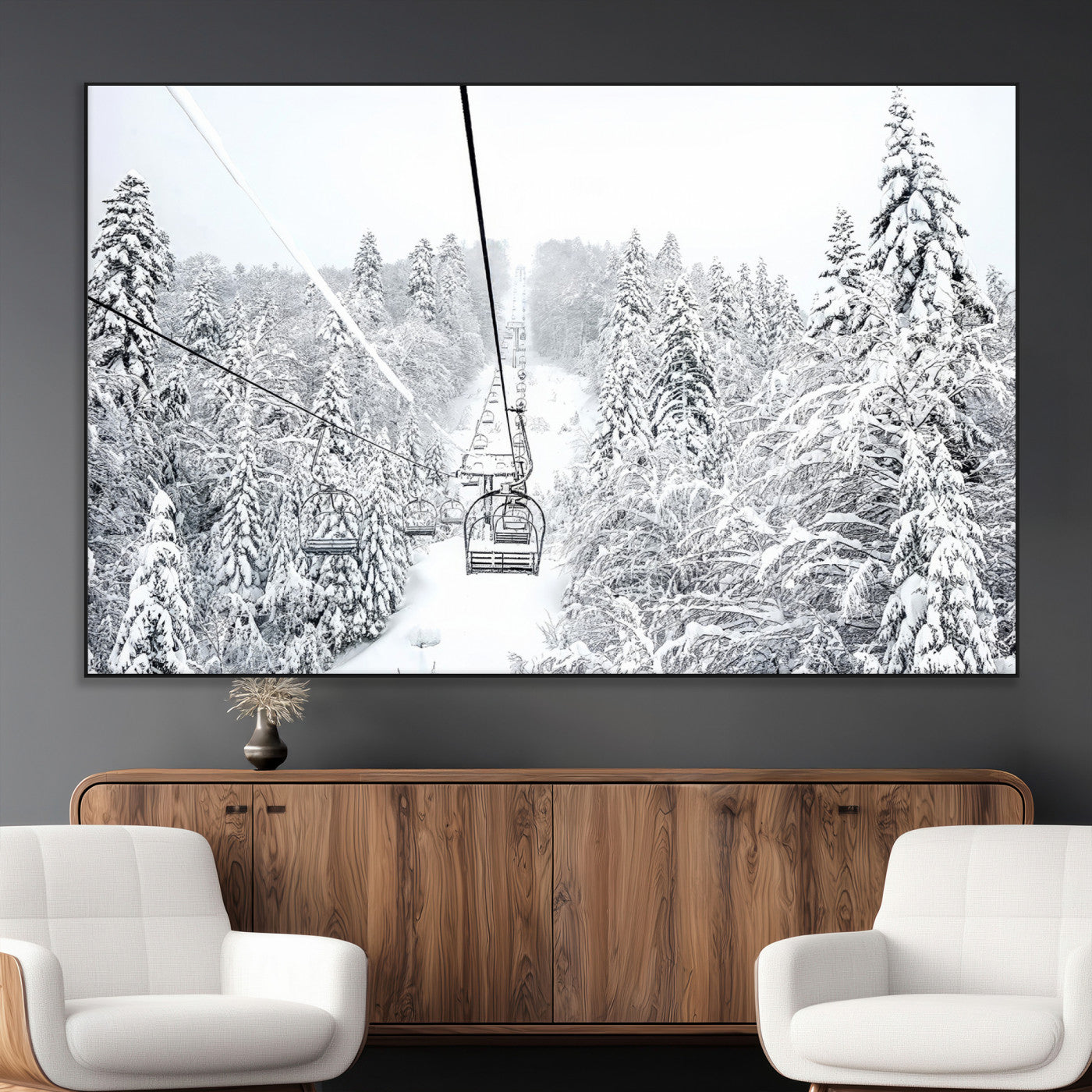 44705668-MGV-CV-36X24-Winter Forest Wall Art Canvas Print, Framed Snowy Forest Art Picture Print, Ski Lift Perfect Scandinavian Decor Artwork