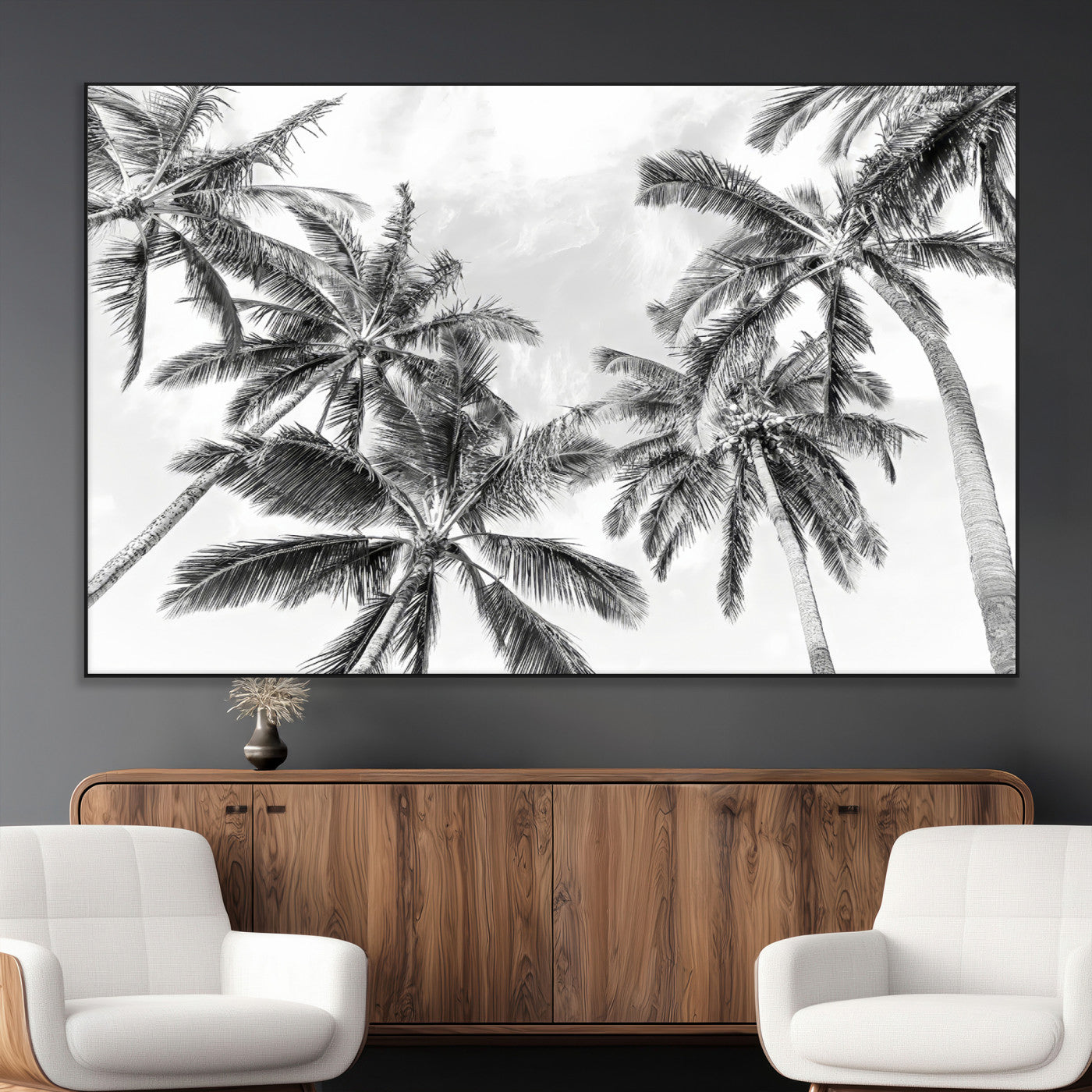 62113786-MGV-CV-36X24-Black White Palm Wall Art Canvas Print, Framed Monochrome Tropics Art Picture Print, Minimalist Beach Perfect Coastal Minimalist