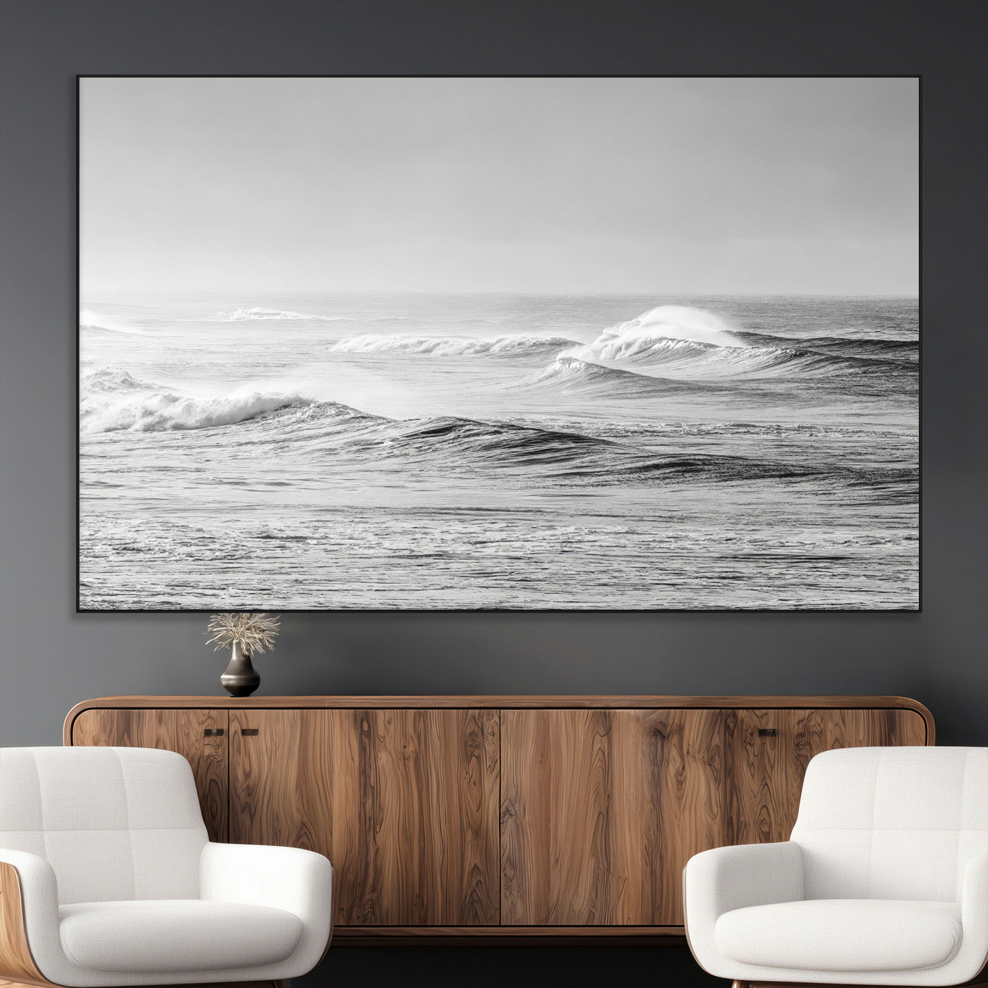 98634812-MGV-CV-36X24-Black and White Ocean Waves Wall Art – Minimalist Sea Canvas Print, Coastal Photography Decor for Living Room, Bedroom or Office