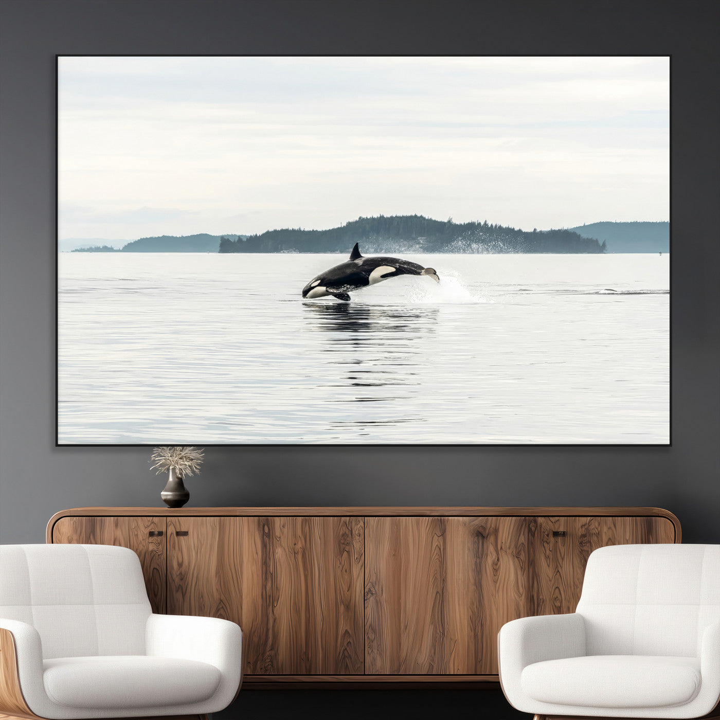 10157174-MGV-CV-36X24-Orca Whale Wall Art Canvas Print, Framed Black White Whale Art Picture Print, Minimalist Ocean Perfect Coastal Minimalist Decor