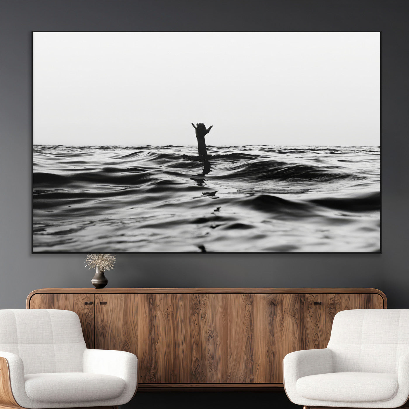 69541918-MGV-CV-36X24-Black White Ocean Wall Art Canvas Print, Framed Moody Seascape Art Picture Print, Surfer Sign Perfect Moody Minimalist Decor