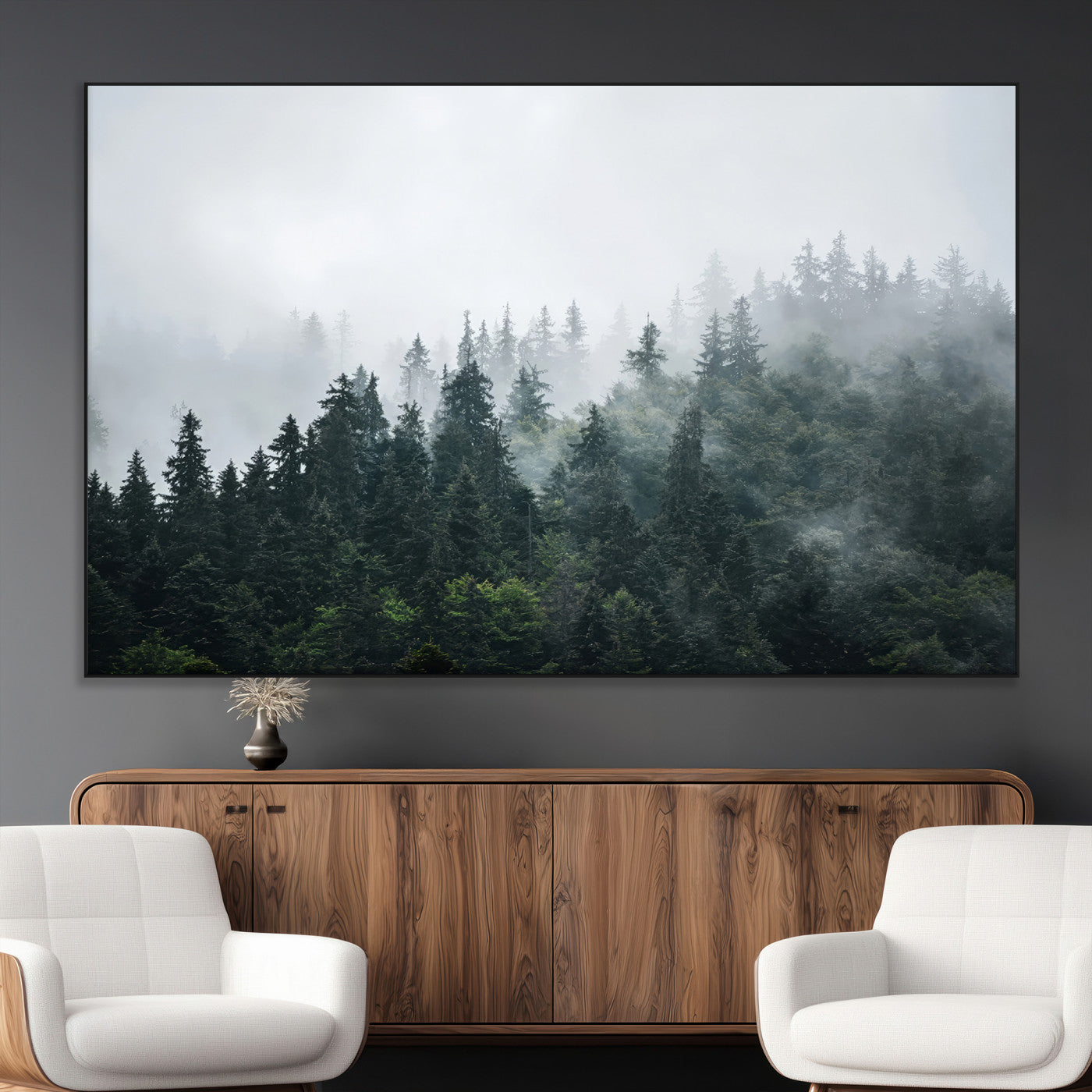 84146572-MGV-CV-36X24-Foggy Pine Trees Wall Art Canvas Print, Framed Forest Nature Art Picture Print, Evergreen Forest Perfect Scandinavian Minimalist