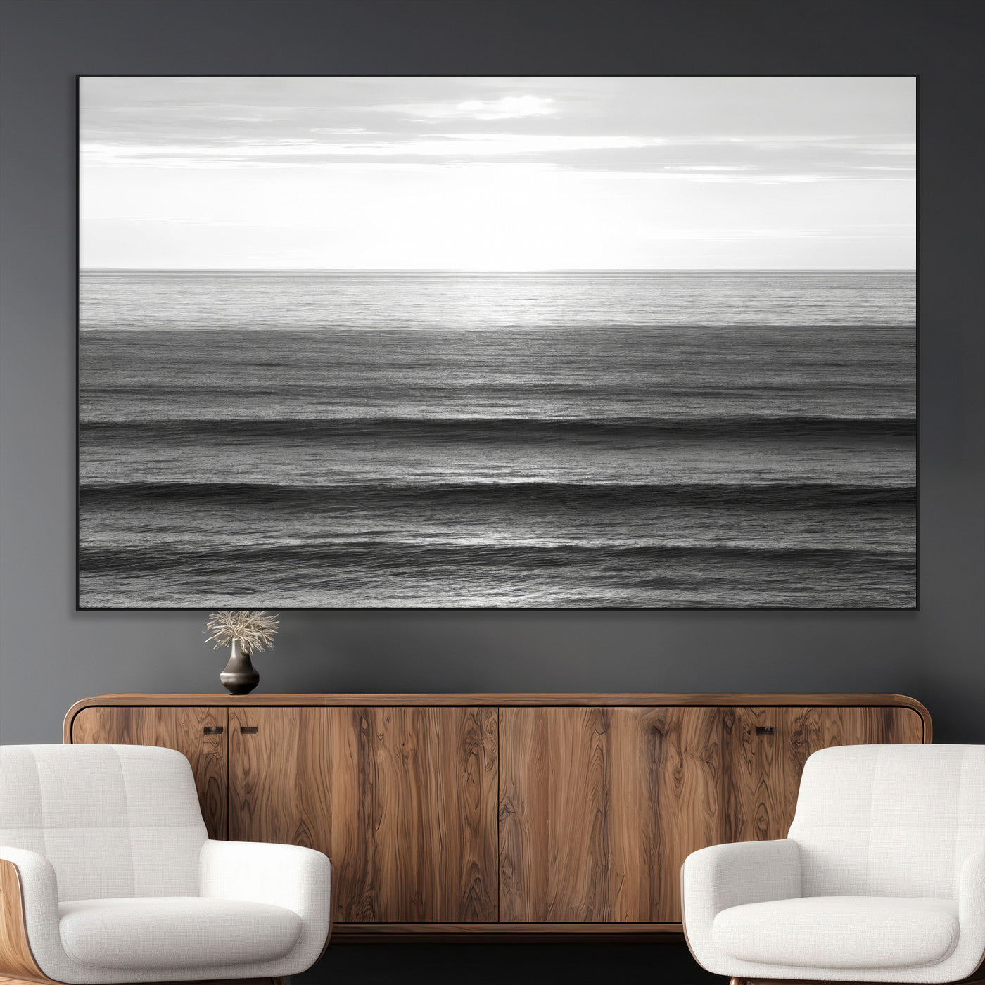 47305203-MGV-CV-36X24-Monochrome Ocean Wall Art Canvas Print, Framed Moody Ocean Art Picture Print, Calm Ocean Perfect Minimalist Coastal Decor Artwork