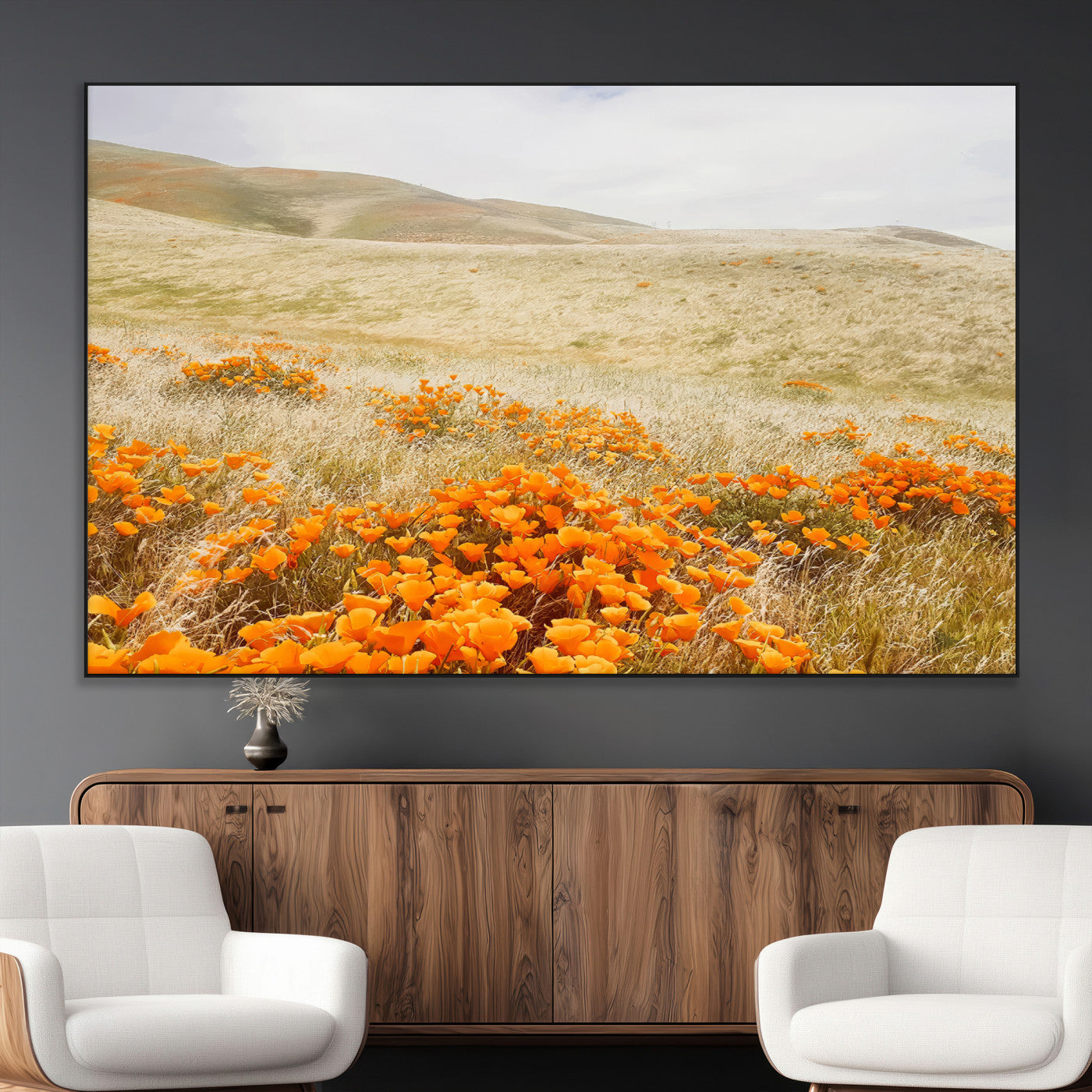 28972262-MGV-CV-36X24-Golden Wildflowers Wall Art Canvas Print, Framed Hills Bloom Art Picture Print, Poppy Meadow Perfect Rustic Nature Decor Artwork