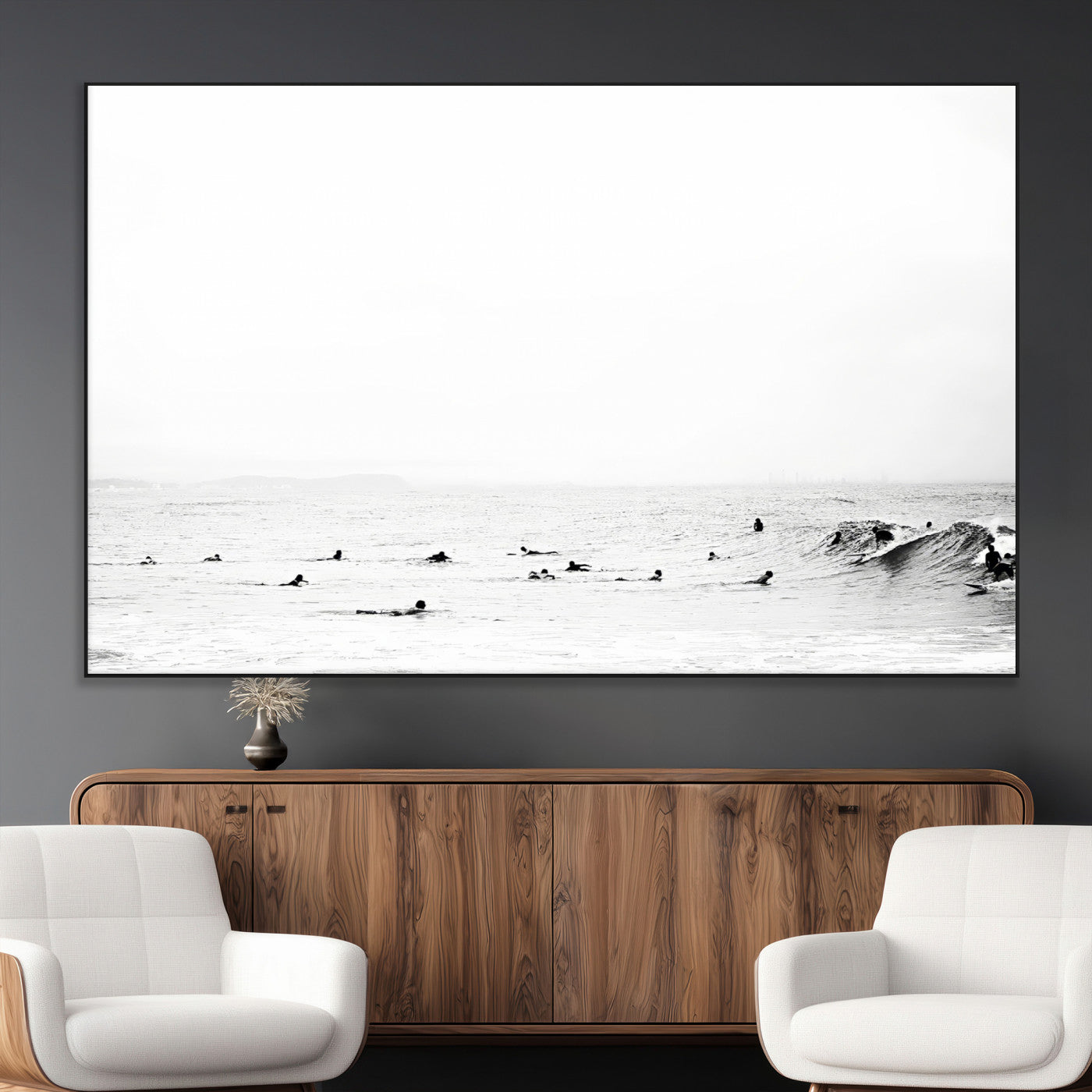38441169-MGV-CV-36X24-Monochrome Swimming Wall Art Canvas Print, Framed Ocean Horizon Art Picture Print, Moody Coastal Perfect Minimalist Coastal Decor