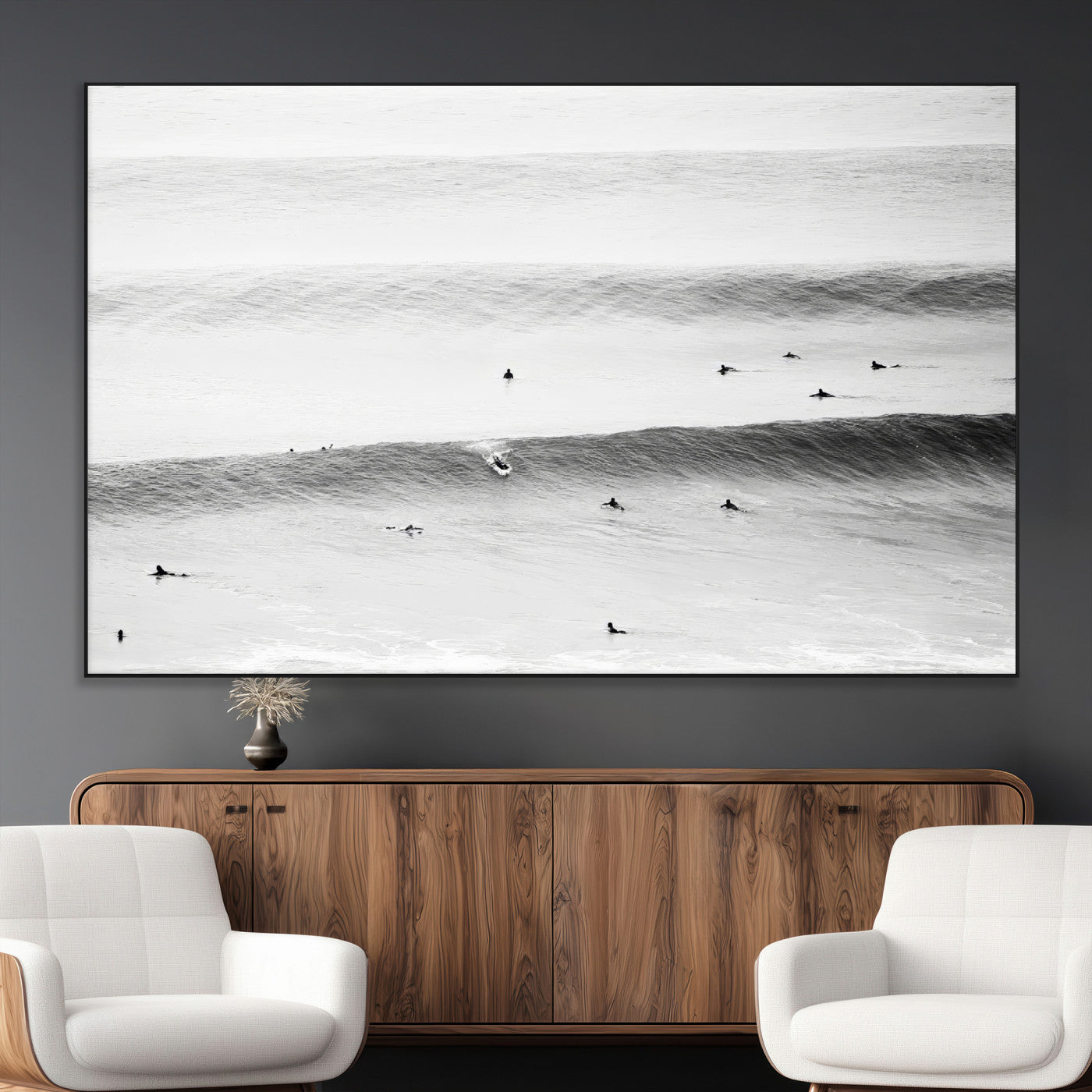 54291445-MGV-CV-36X24-Black White Ocean Wall Art Canvas Print, Framed Coastal Sport Art Picture Print, Ocean Culture Perfect Minimalist Coastal Decor
