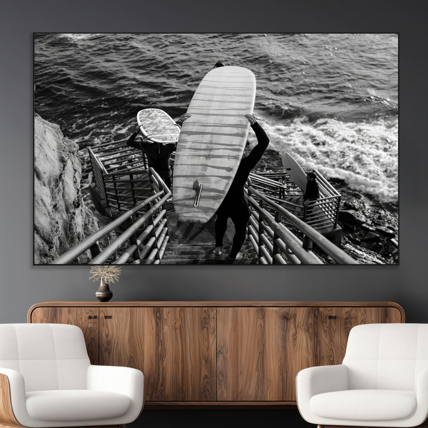 32353707-MGV-CV-36X24-Black White Surfing Wall Art Canvas Print, Framed Coastal Surfing Art Picture Print, Wave Riders Perfect Coastal Adventure Decor