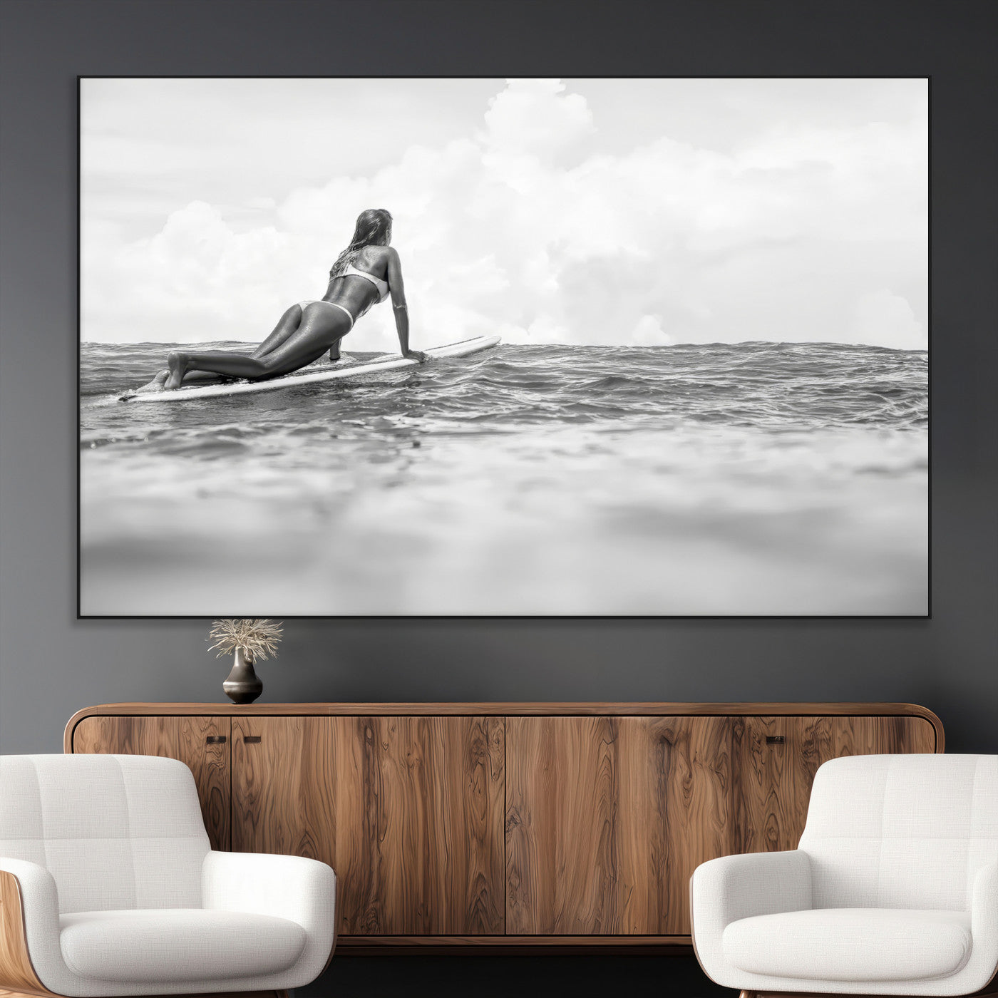 69798068-MGV-CV-36X24-Black White Surfing Wall Art Canvas Print, Framed Ocean Horizon Art Picture Print, Surfer Girl Perfect Coastal Adventure Decor
