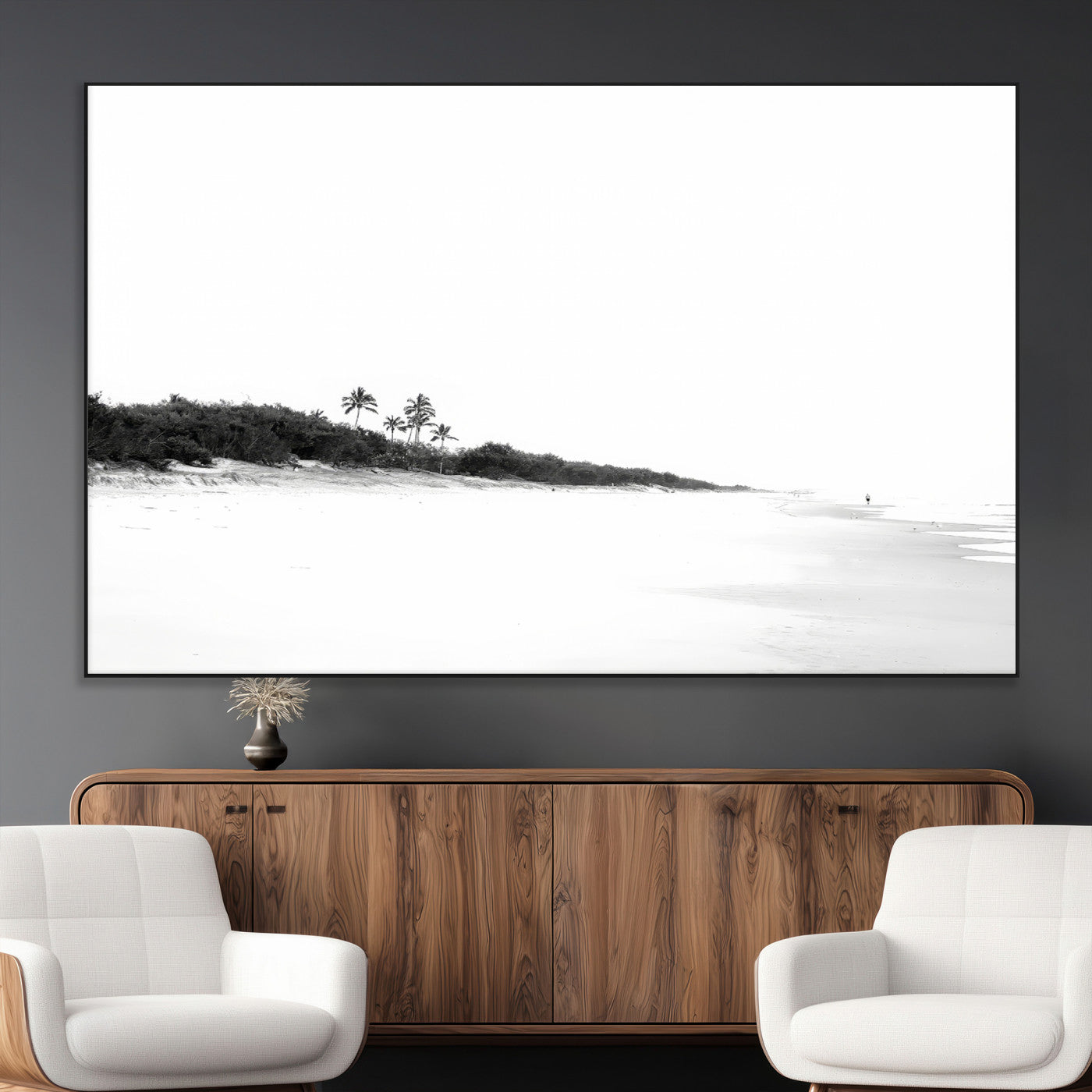 29611516-MGV-CV-36X24-Black White Beach Wall Art Canvas Print, Framed Palm Trees Art Picture Print, Monochrome Tropical Perfect Minimalist Coastal Decor