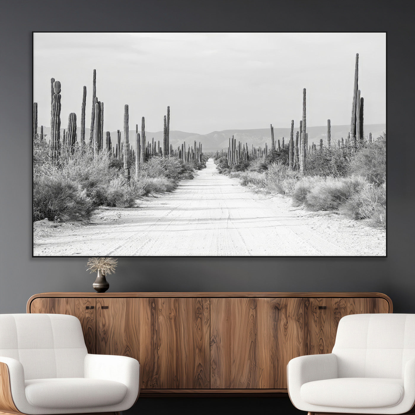 35537313-MGV-CV-36X24-Monochrome Desert Wall Art Canvas Print, Framed Cactus Path Art Picture Print, Southwestern Landscape Perfect Southwestern