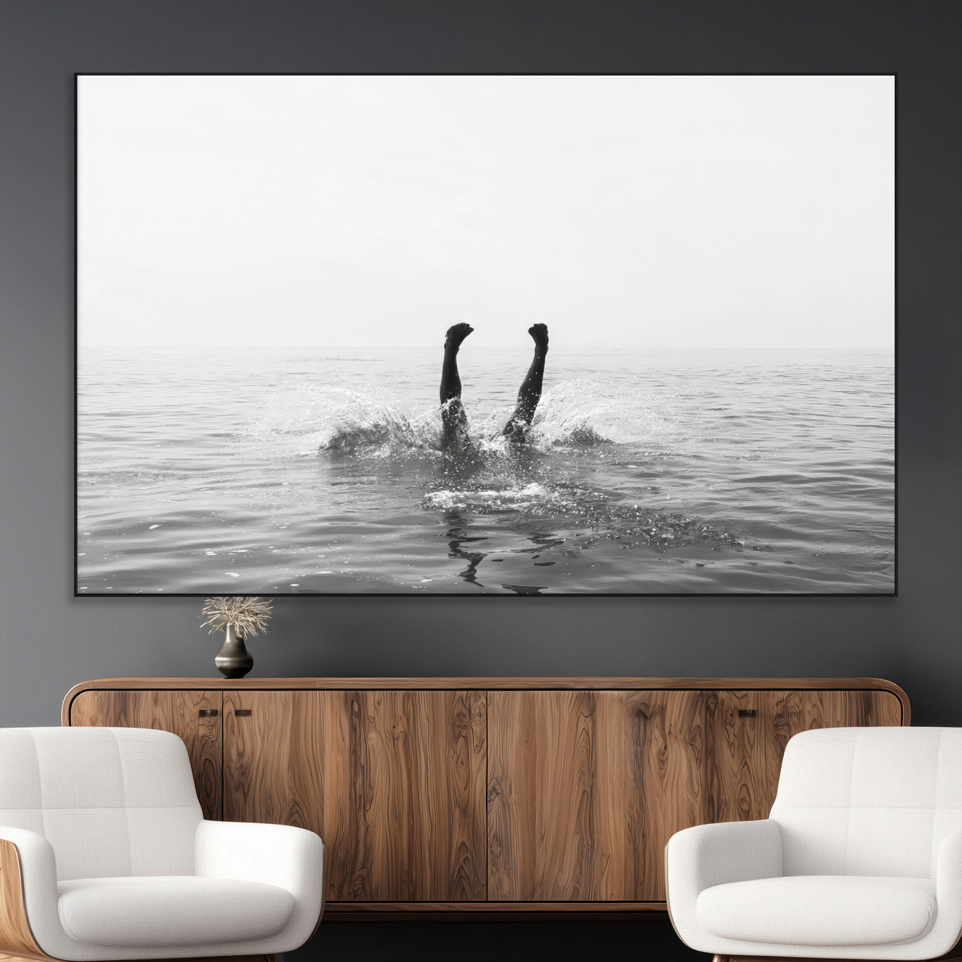 26667396-MGV-CV-36X24-Black White Ocean Wall Art Canvas Print, Framed Monochrome Water Art Picture Print, Diving into Water Perfect Minimalist Aquatic
