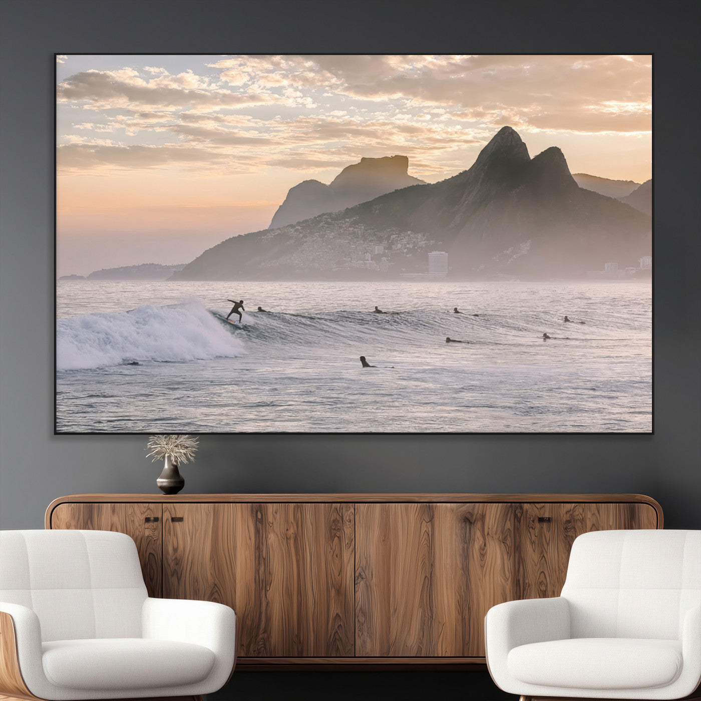 70644906-MGV-CV-36X24-Sunset Surfing Wall Art Canvas Print, Framed Misty Mountains Art Picture Print, Surfer Riding Wave Perfect Coastal Adventure Decor