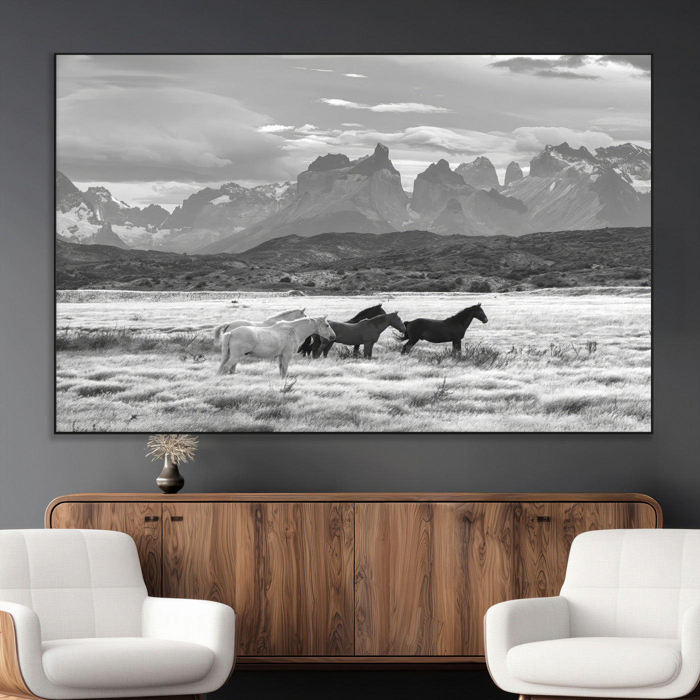 21655040-MGV-CV-36X24-Wild Horses Wall Art Canvas Print, Framed Black White Mountains Art Picture Print, Rustic Countryside Perfect Rustic Western Decor