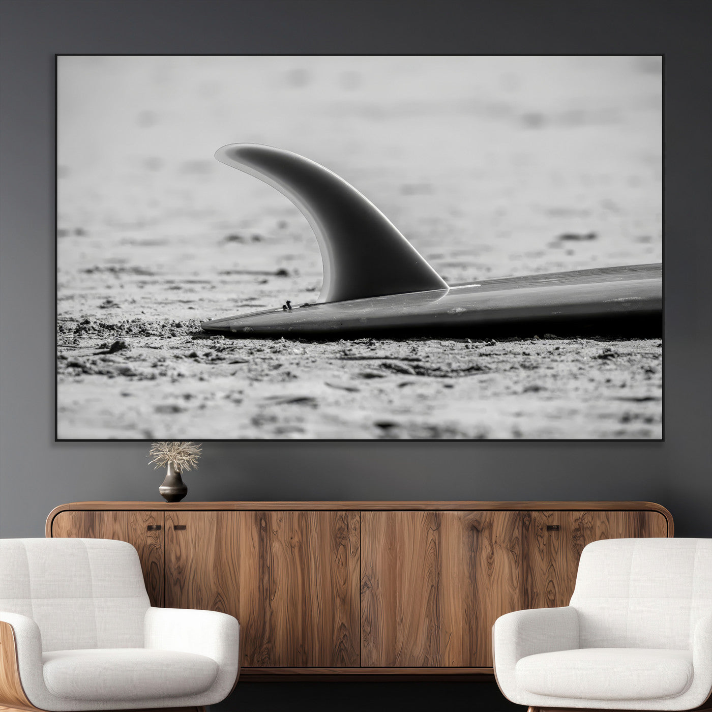 62314230-MGV-CV-36X24-Black White Surfboard Wall Art Canvas Print, Framed Minimalist Beach Art Picture Print, Surf Fin Perfect Minimalist Coastal Decor