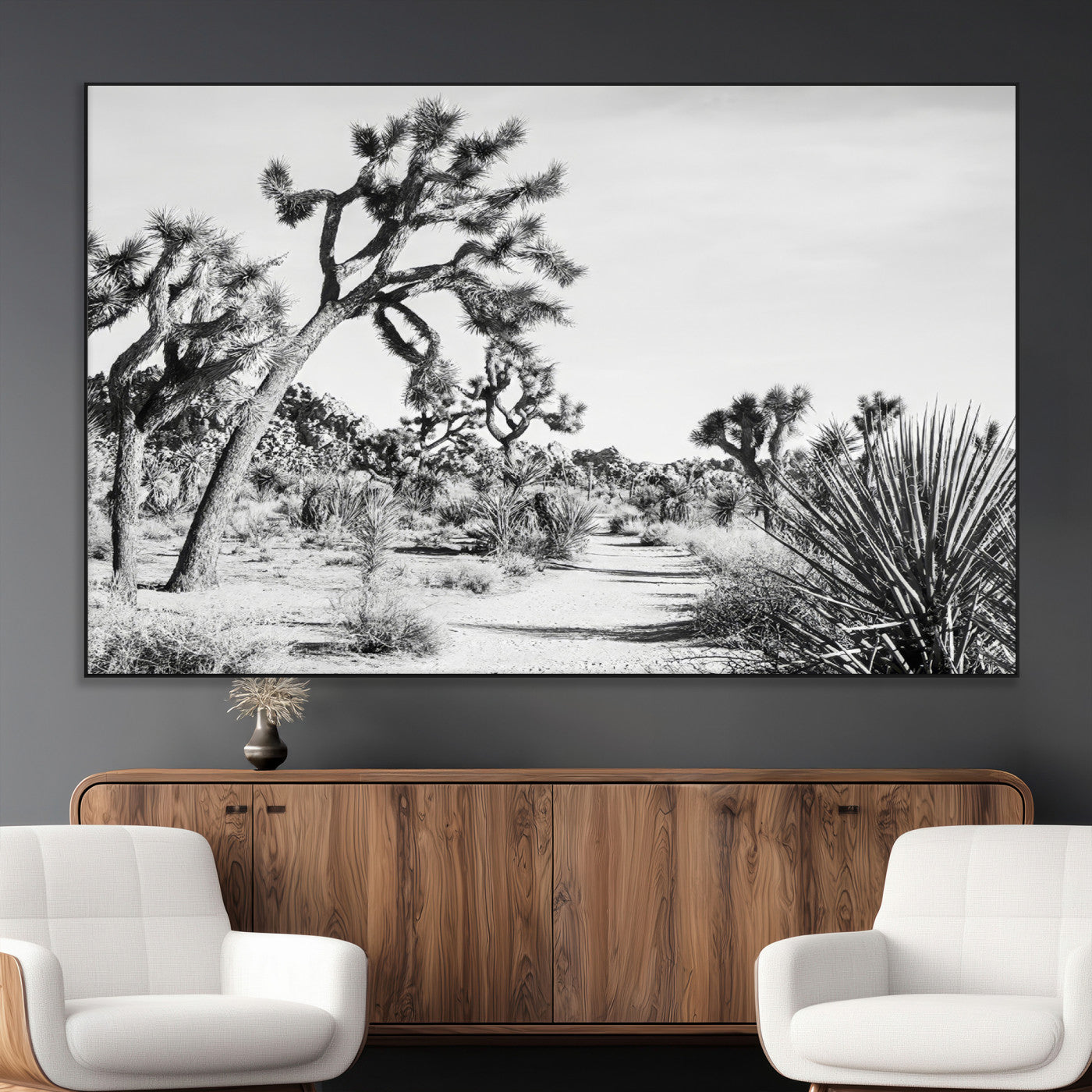 88164251-MGV-CV-36X24-Joshua Tree Wall Art Canvas Print, Framed Desert Path Art Picture Print, Monochrome Desert Perfect Minimalist Desert Decor Artwork