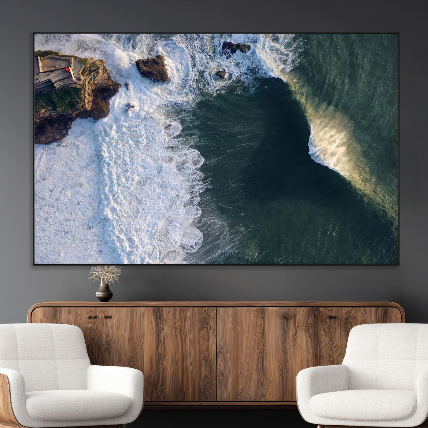37405684-MGV-CV-36X24-Nazaré Coast Wall Art Canvas Print, Framed Aerial Ocean Art Picture Print, Coastal Fortress Perfect Dramatic Coastal Decor Artwork
