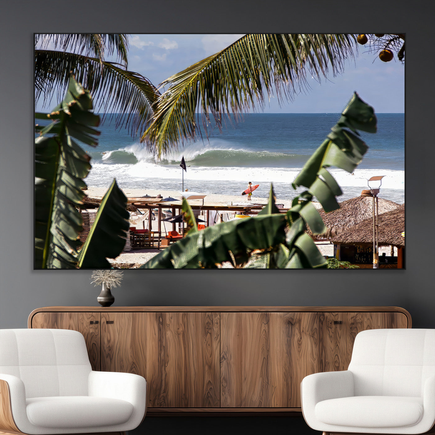 34722557-MGV-CV-36X24-Tropical Shoreline Wall Art Canvas Print, Framed Surfer Beach Art Picture Print, Coastal Surf Perfect Tropical Coastal Decor