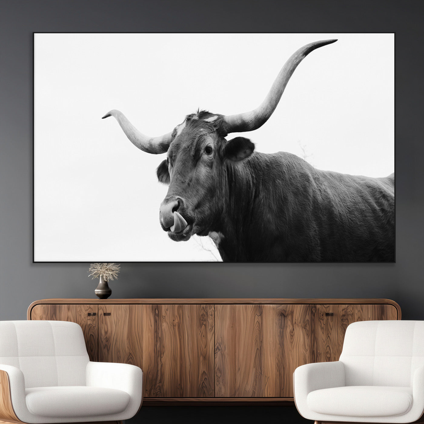 99244177-MGV-CV-36X24-Longhorn Photography Wall Art Canvas Print, Framed Western Cow Decor Art Picture Print, Black White Bull Perfect Modern Rustic