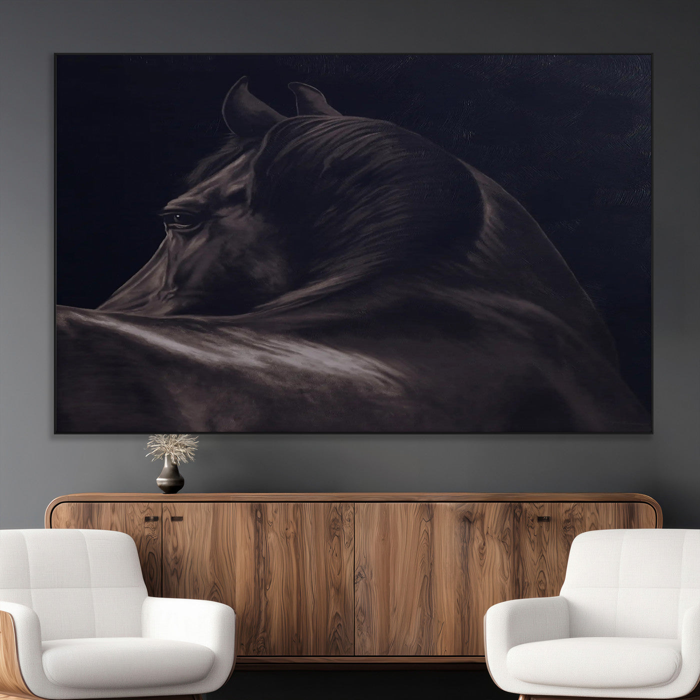 67026880-MGV-CV-36X24-Black Horse Portrait Wall Art Canvas Print, Framed Moody Horse Decor Art Picture Print, Equestrian Wall Style Perfect Masculine