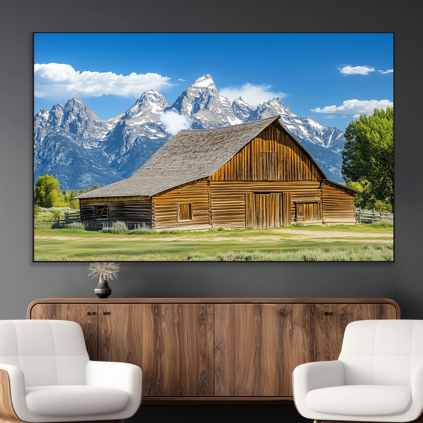 75948467-MGV-CV-36X24-Mountain Barn Scene Wall Art Canvas Print, Framed Rustic Farmhouse Style Art Picture Print, Country Cabin Decor Perfect Rustic