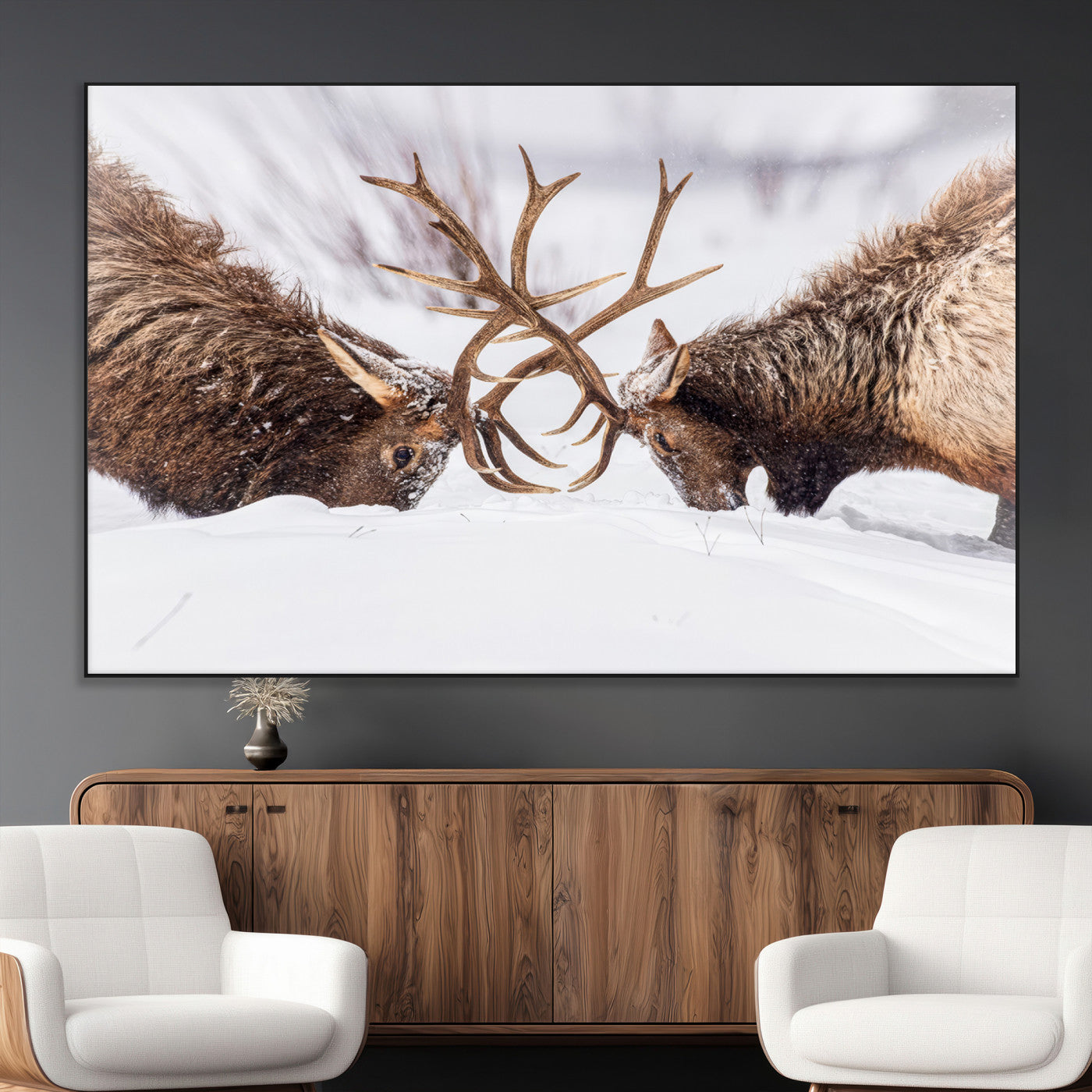 36507609-MGV-CV-36X24-Elk Clash Scene Wall Art Canvas Print, Framed Wildlife Strength Decor Art Picture Print, Snowy Forest Elk Perfect Rustic Lodge