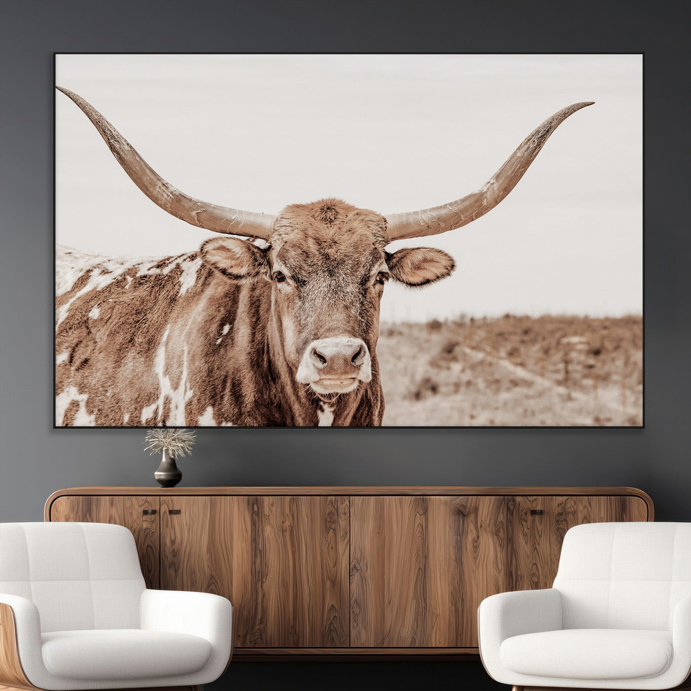77810049-MGV-CV-36X24-Longhorn Bull Photo Wall Art Canvas Print, Framed Rustic Cow Decor Art Picture Print, Neutral Farmhouse Style Perfect Rustic