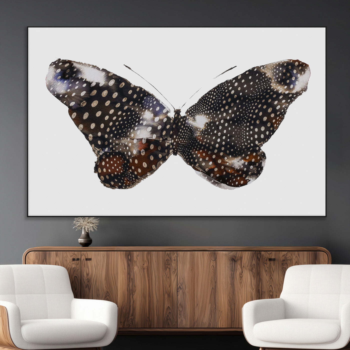 99831147-MGV-CV-36X24-Spotted Butterfly Wall Art Canvas Print, Framed Neutral Insect Theme Art Picture Print, Earthy Wing Pattern Perfect Modern Rustic