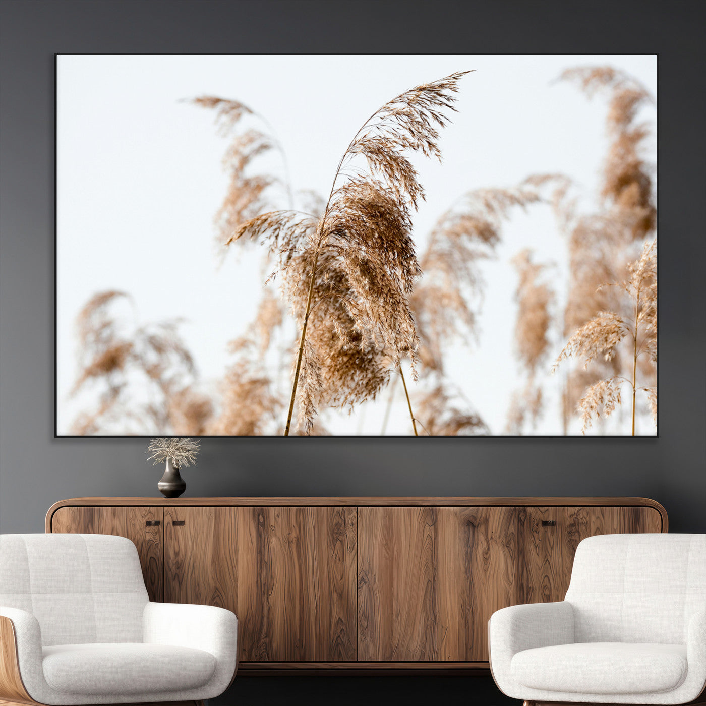17019393-MGV-CV-36X24-Pampas Grass Wall Art Canvas Print, Framed Neutral Tones Art Picture Print, Minimalist Nature Perfect Boho Minimalist Decor