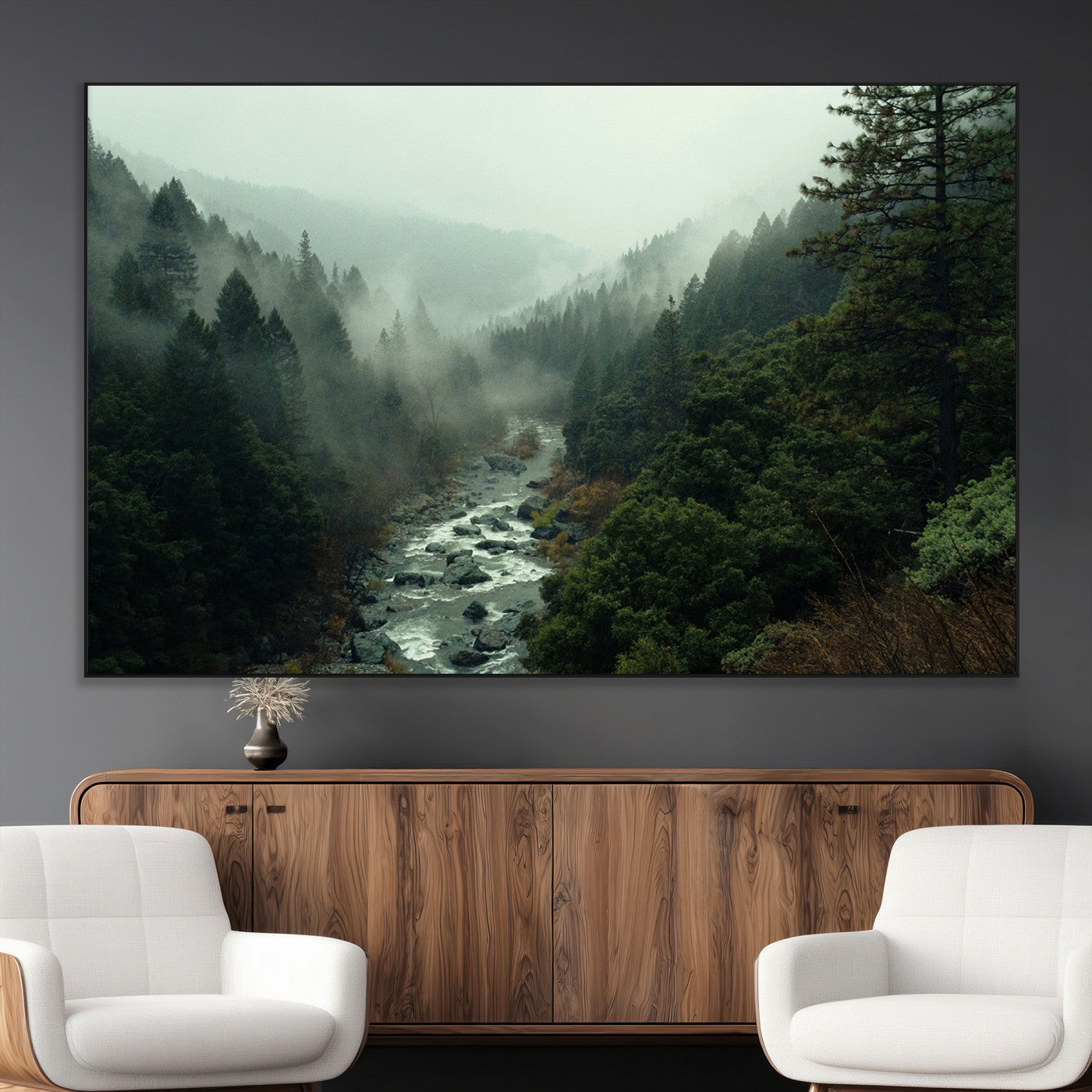 48497565-MGV-CV-36X24-Misty Forest Wall Art Canvas Print, Framed Foggy River Art Picture Print, Moody Landscape Perfect Moody Wilderness Decor Artwork